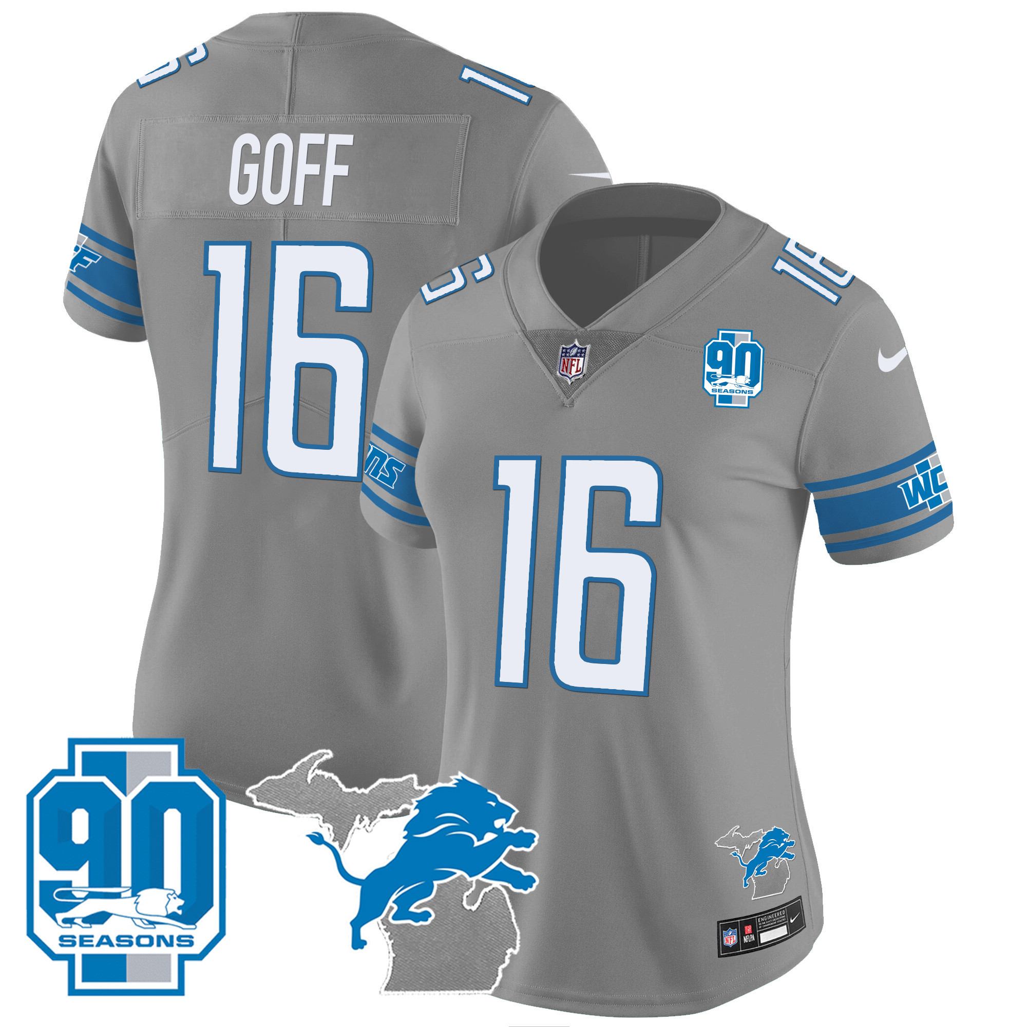 Jared Goff Women's Detroit Lions 90th Year & Michigan Patch Vapor Gray Jersey - All Stitched