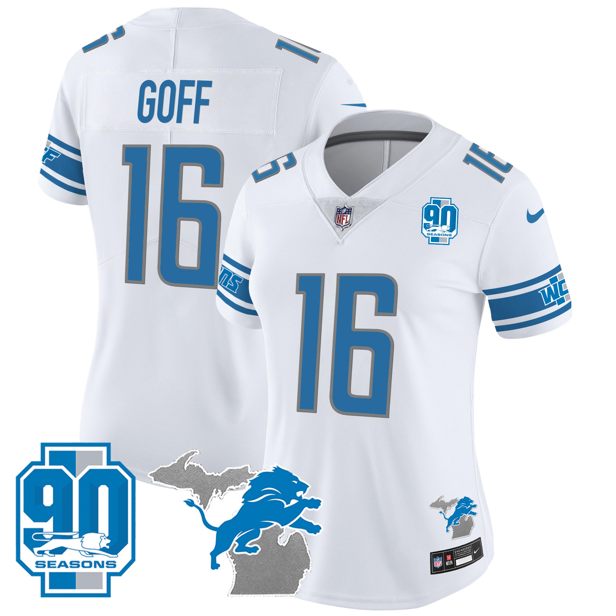 Jared Goff Women's Detroit Lions 90th Year & Michigan Patch Vapor White Jersey - All Stitched