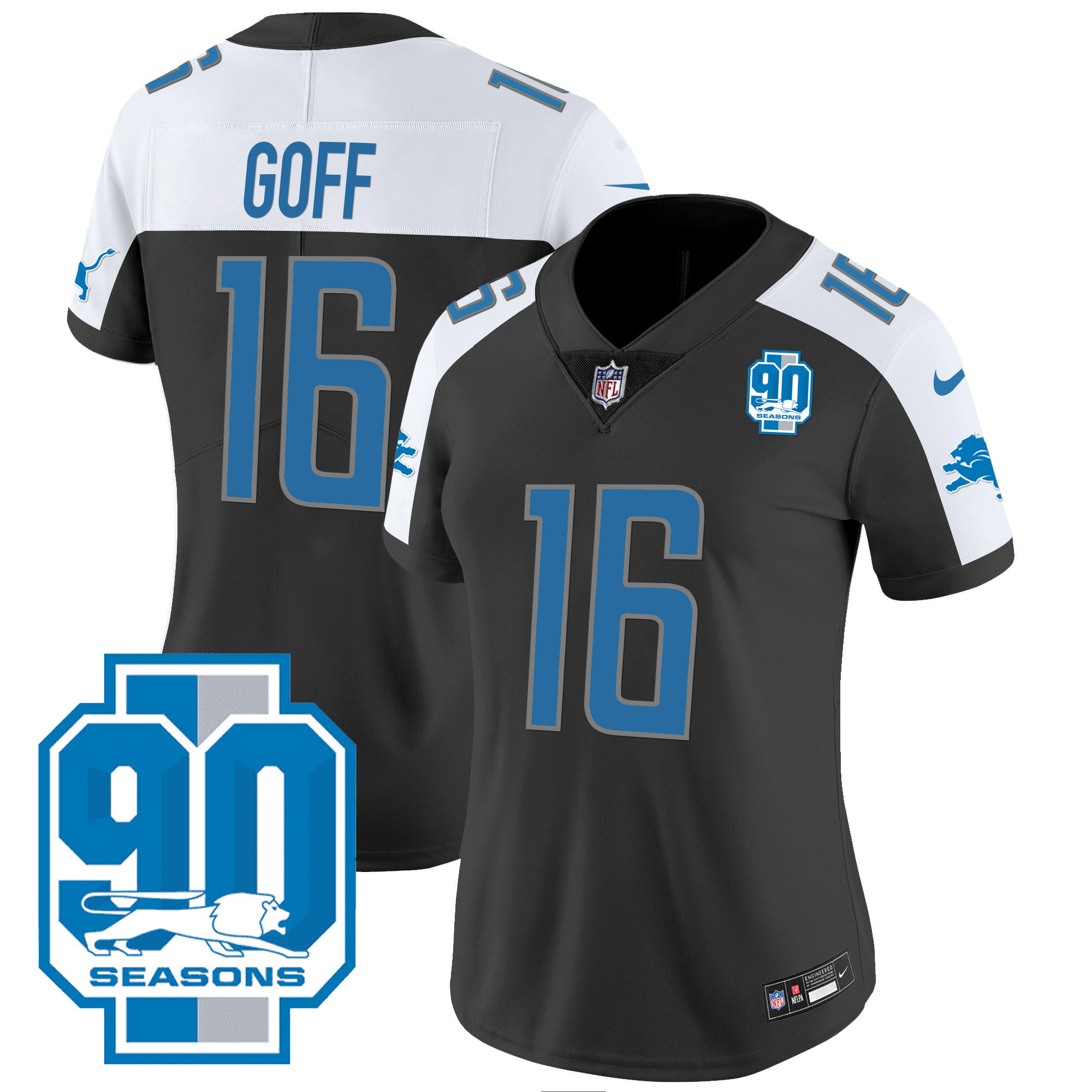 Jared Goff Women's Detroit Lions 90th Year Patch Black Alternate Jersey - All Stitched
