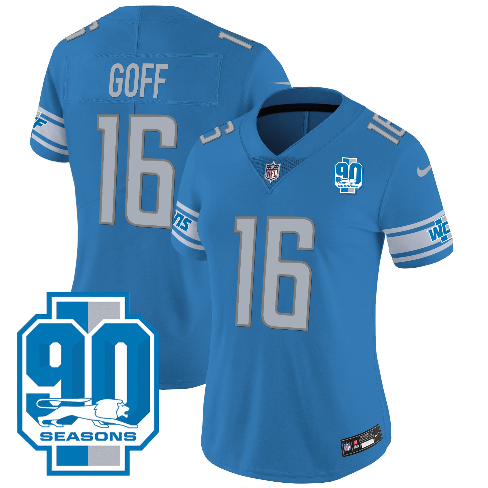 Jared Goff Women's Detroit Lions 90th Year Patch Blue Jersey - All Stitched