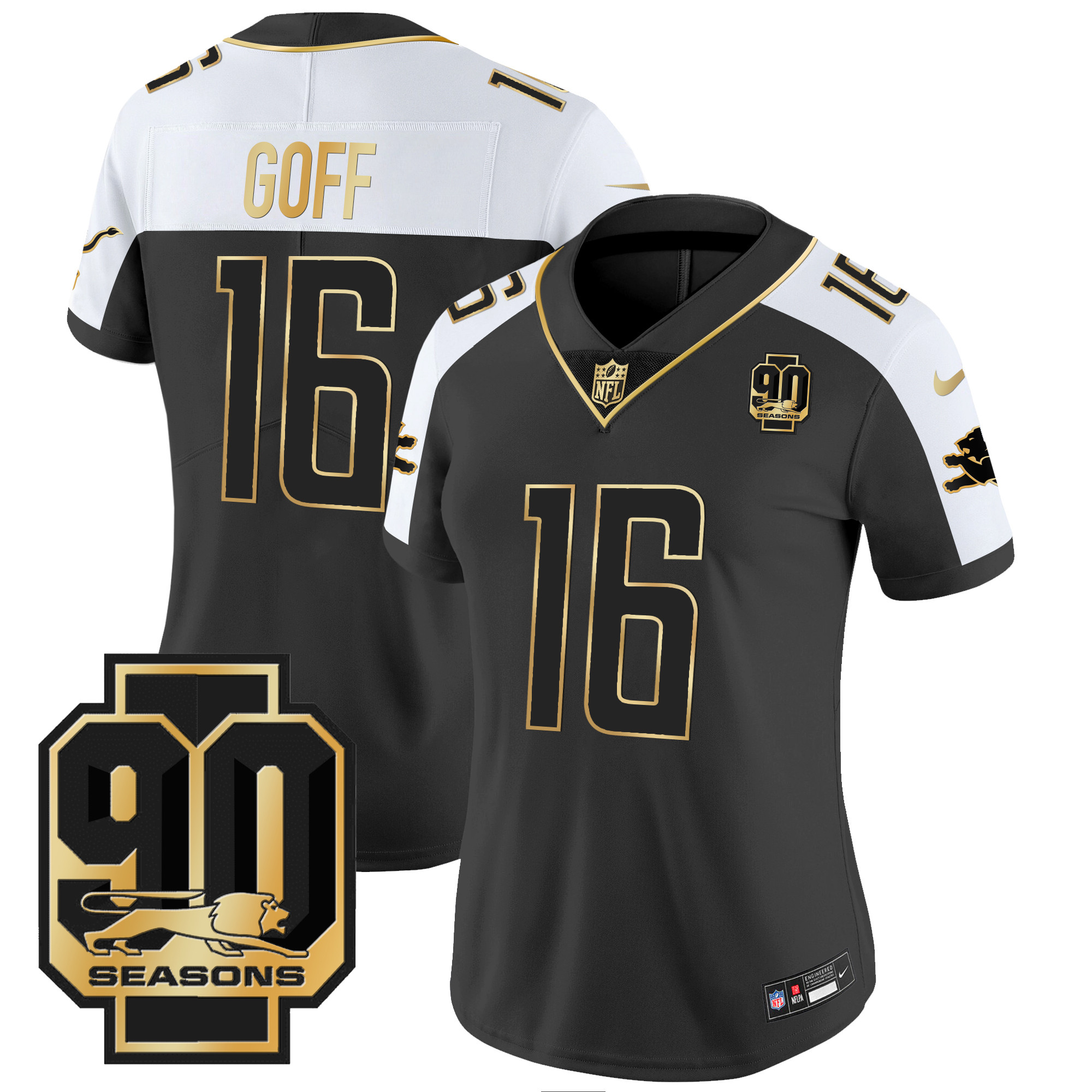 Jared Goff Women's Detroit Lions 90th Year Patch Gold Alternate Jersey - All Stitched