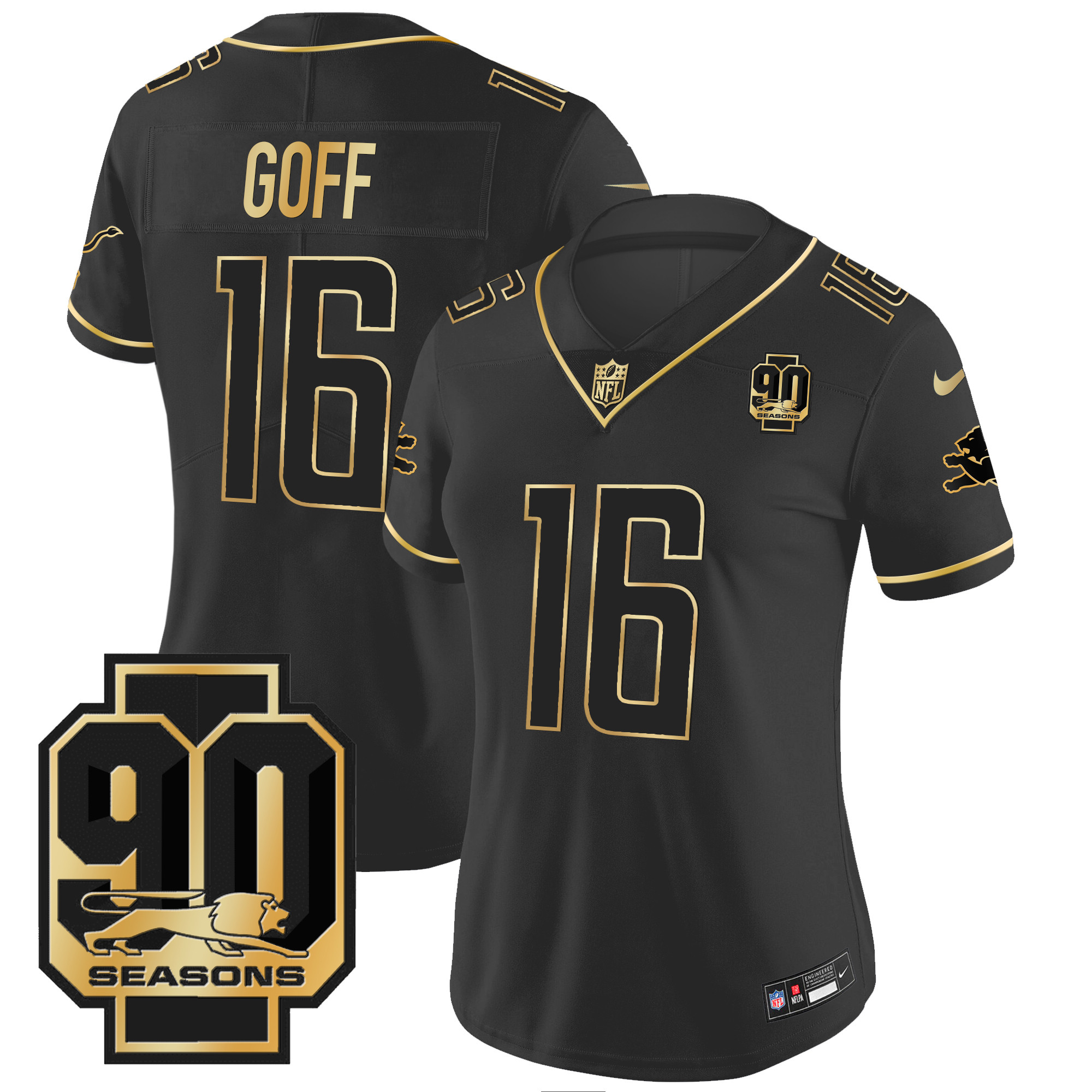 Jared Goff Women's Detroit Lions 90th Year Patch Gold Black Gold Jersey - All Stitched