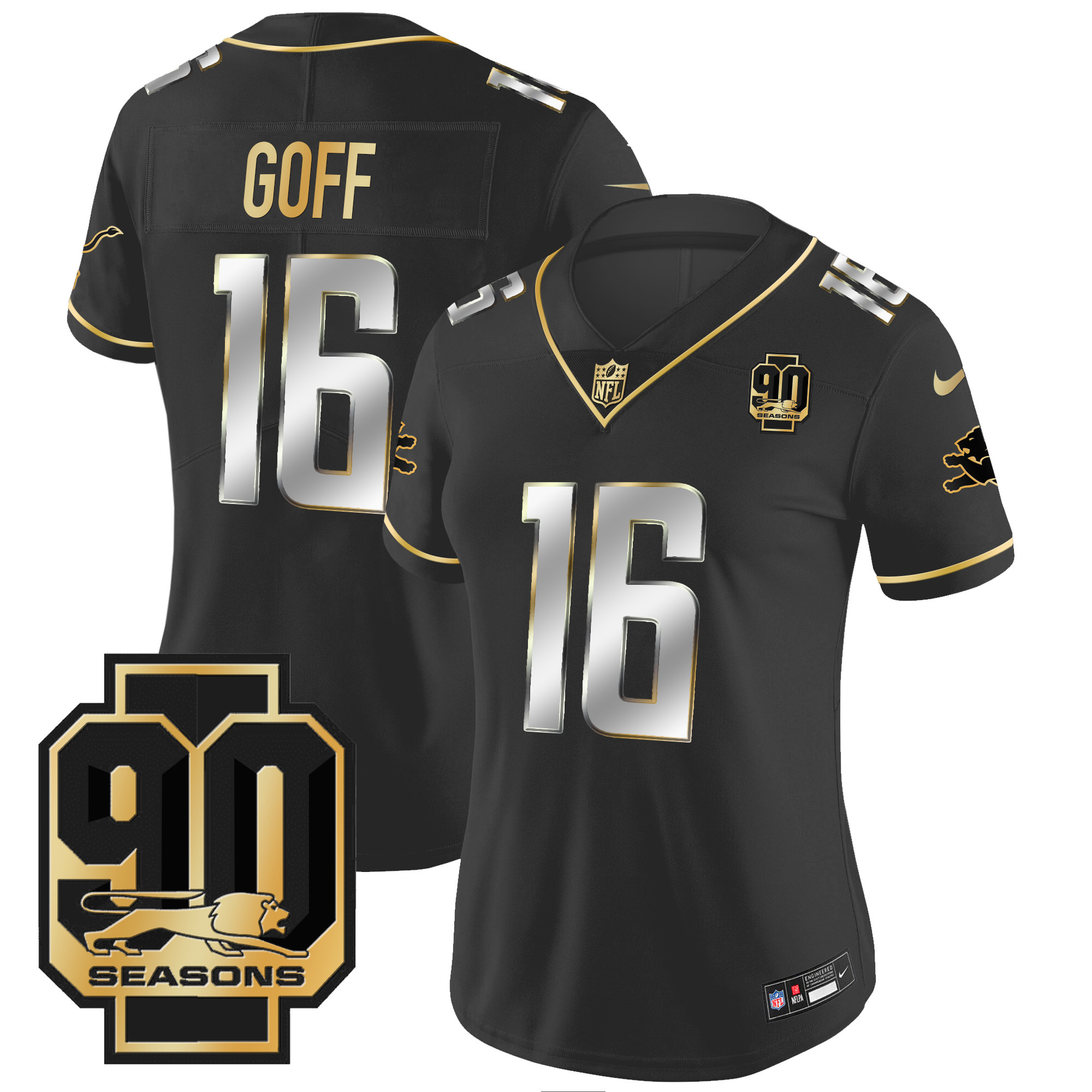 Jared Goff Women's Detroit Lions 90th Year Patch Gold Black Limited Jersey - All Stitched