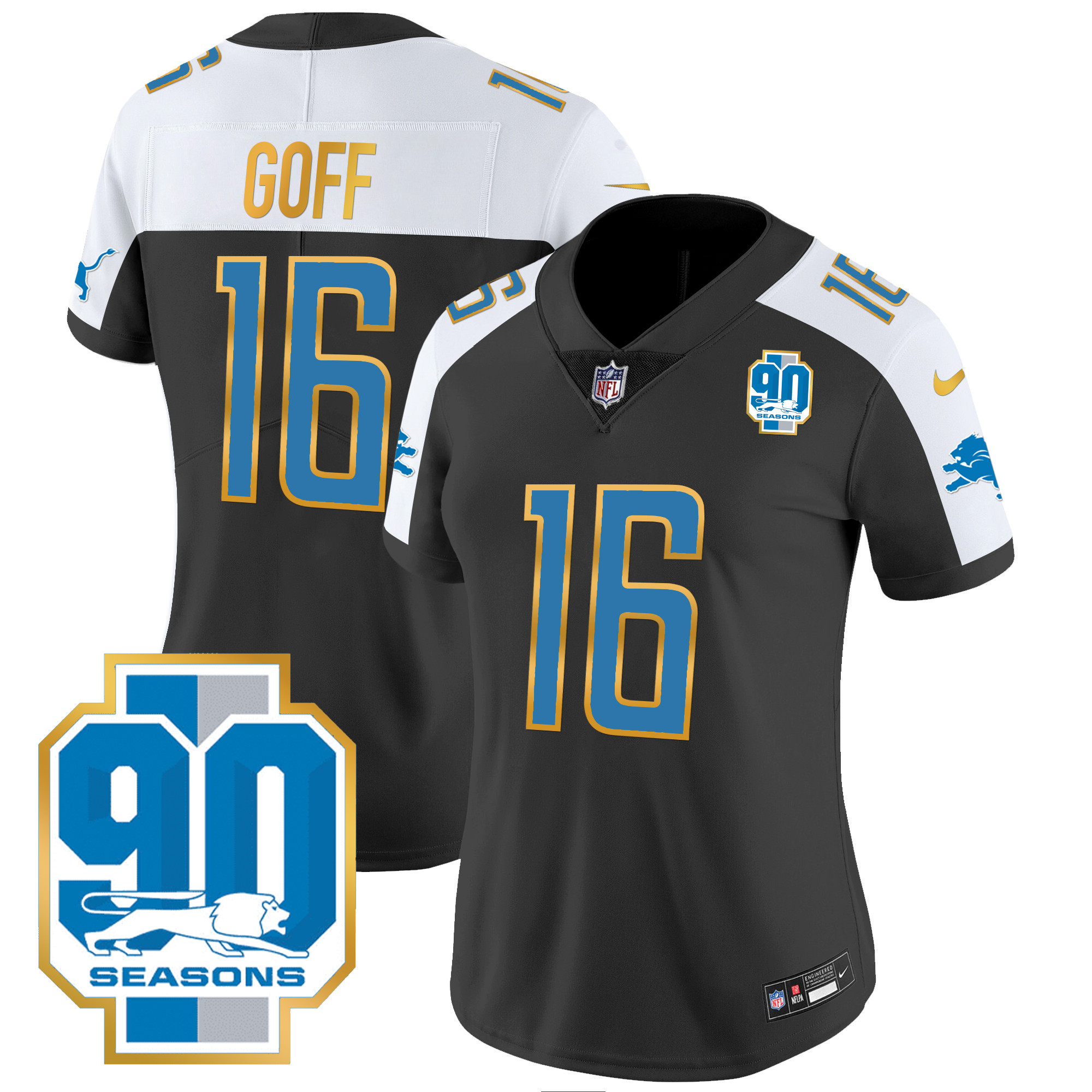 Jared Goff Women's Detroit Lions 90th Year Patch Gold Trim Black Alternate Jersey - All Stitched
