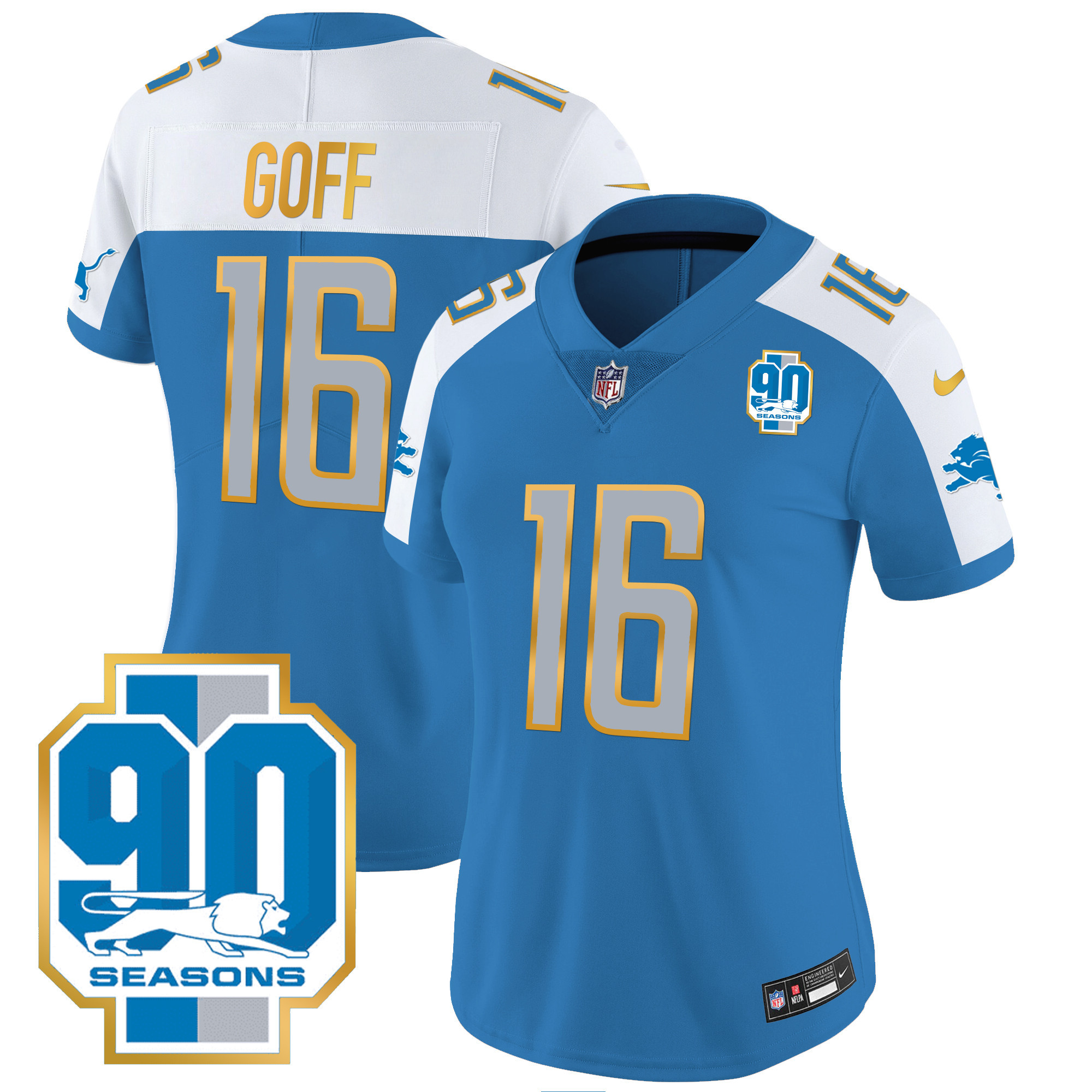 Jared Goff Women's Detroit Lions 90th Year Patch Gold Trim Blue Alternate Jersey - All Stitched