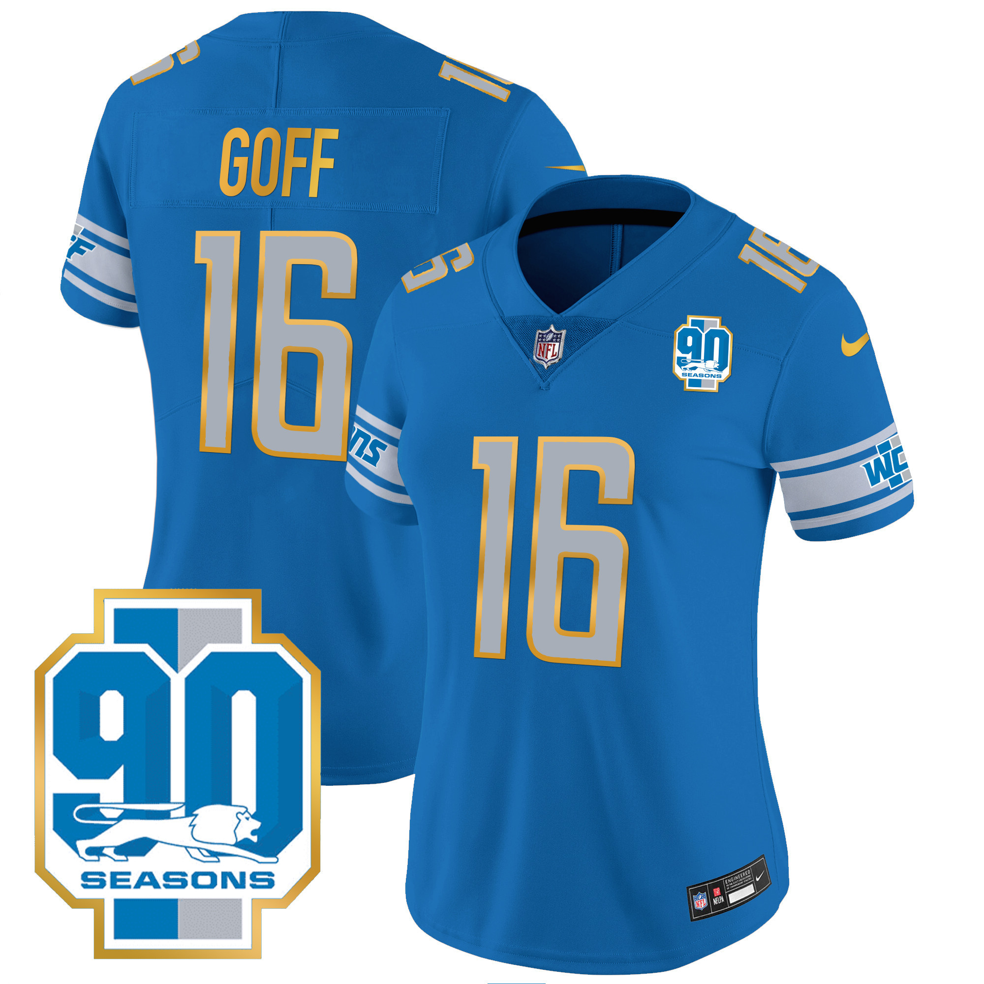 Jared Goff Women's Detroit Lions 90th Year Patch Gold Trim Blue Jersey - All Stitched