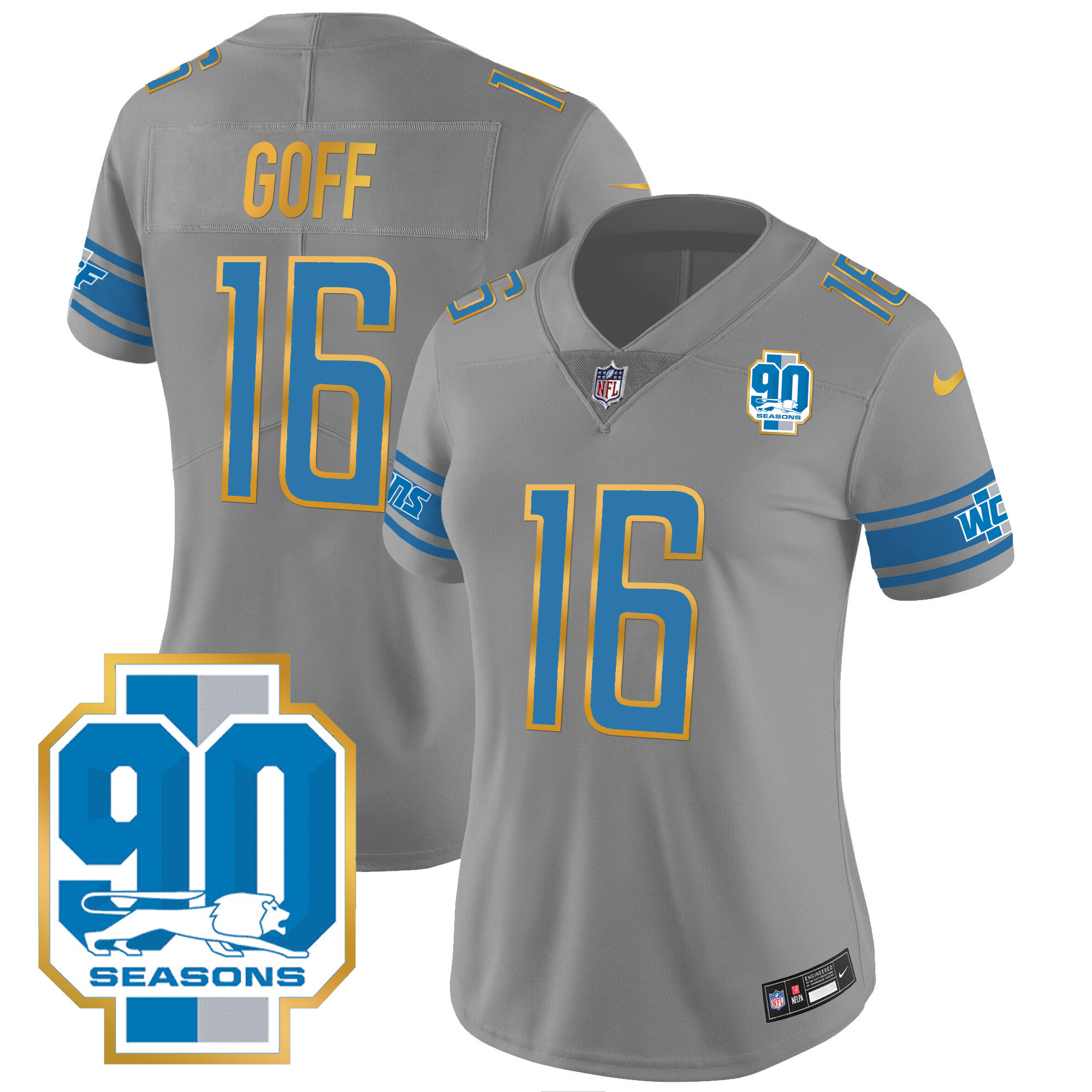 Jared Goff Women's Detroit Lions 90th Year Patch Gold Trim Gray Jersey - All Stitched