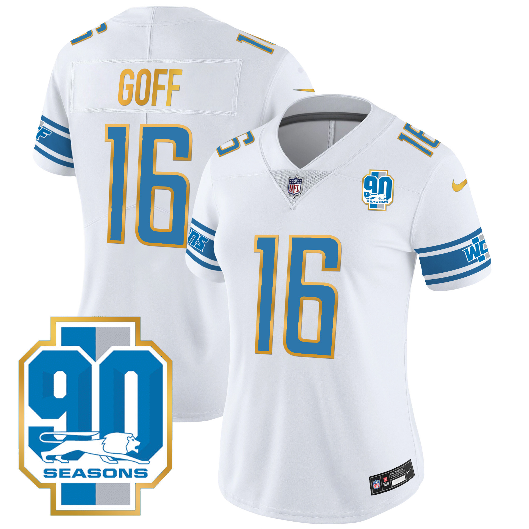Jared Goff Women's Detroit Lions 90th Year Patch Gold Trim White Jersey - All Stitched