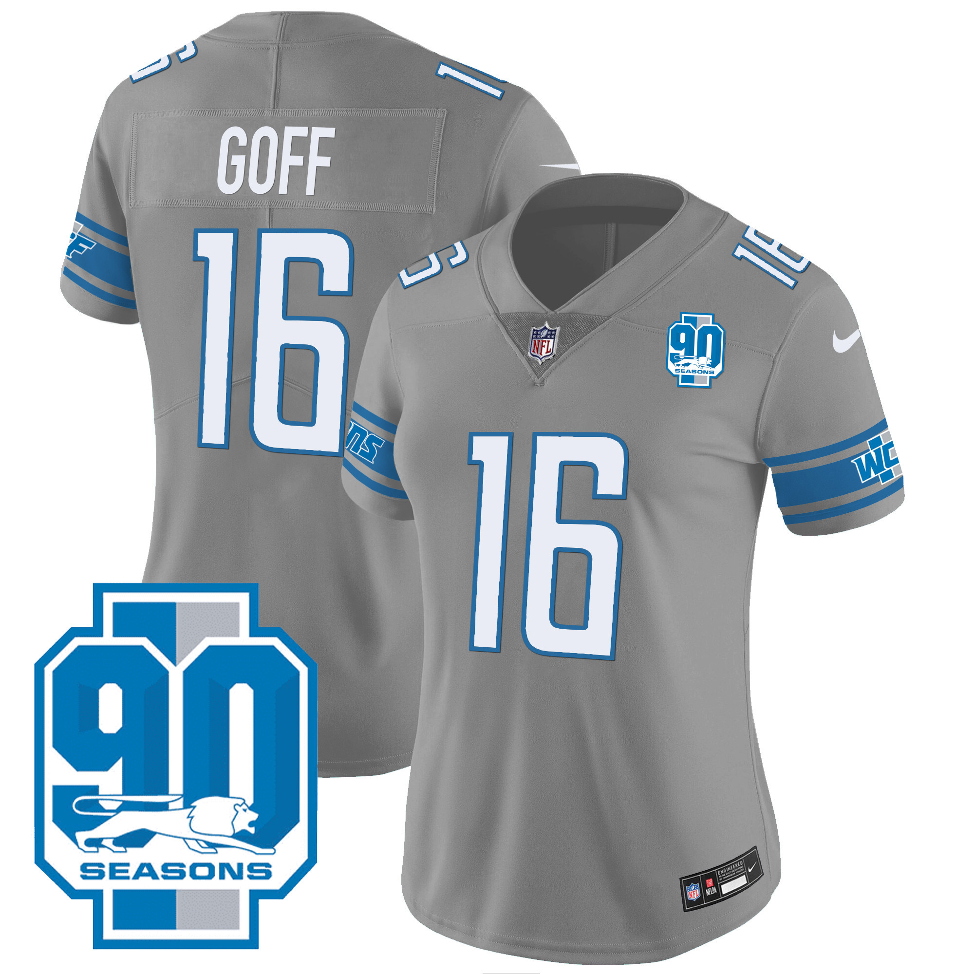 Jared Goff Women's Detroit Lions 90th Year Patch Gray Jersey - All Stitched