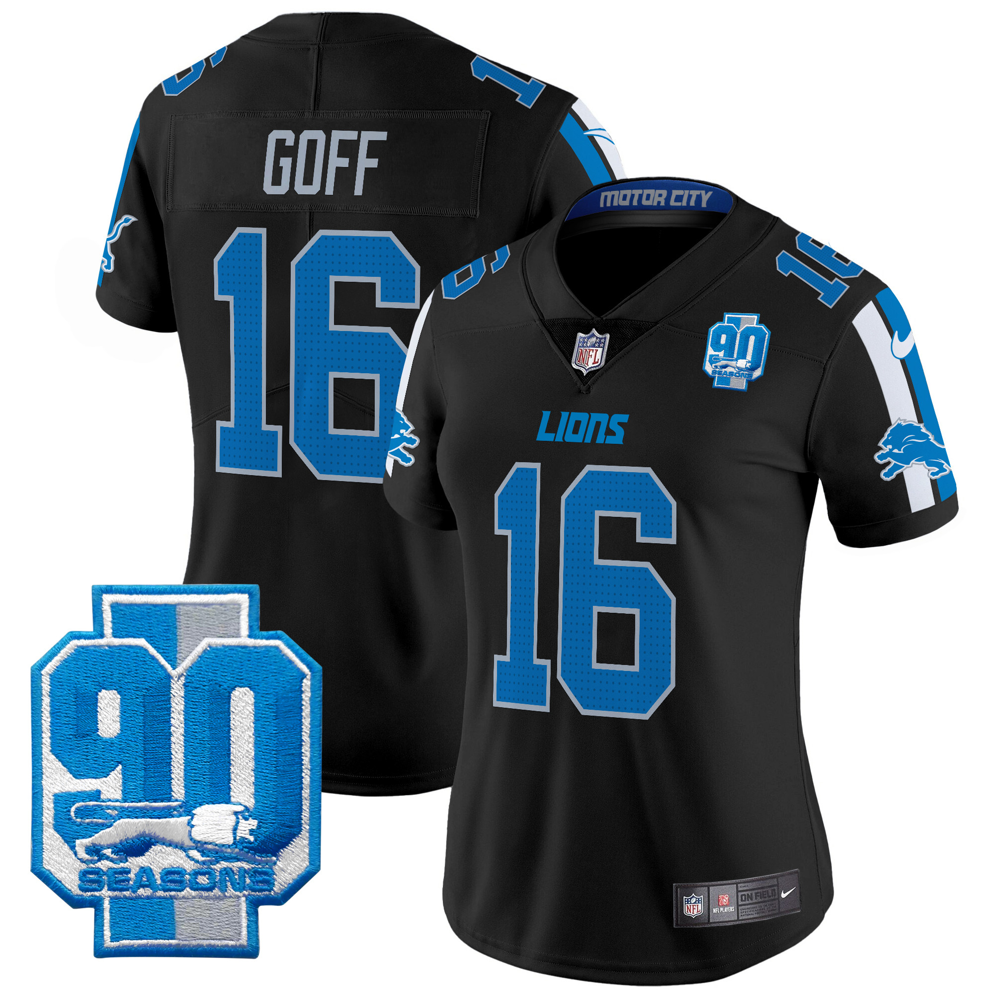 Jared Goff Women's Detroit Lions 90th Year Patch Vapor Limited Black Jersey - All Stitched