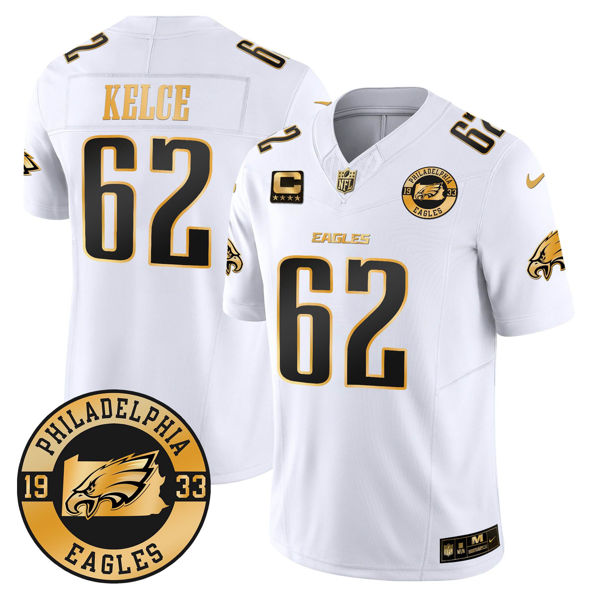 Jason Kelce Men's Philadelphia Eagles 2024 Gold Vapor Limited White Gold Jersey - All Stitched