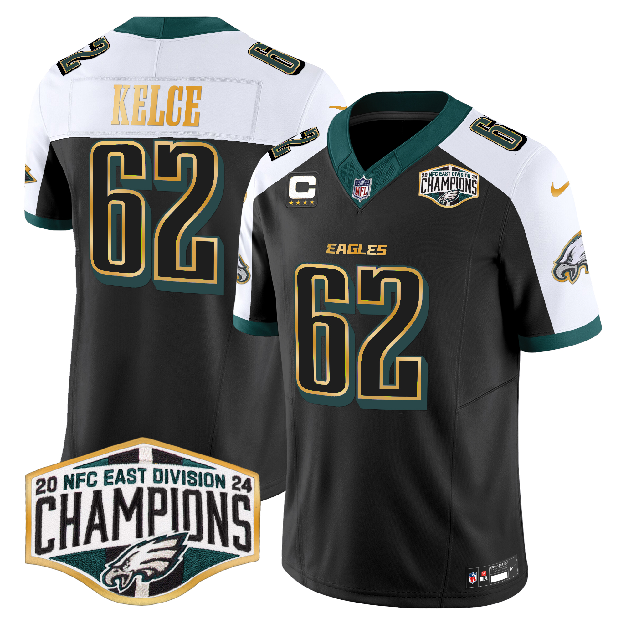 Jason Kelce Men's Philadelphia Eagles 2024 NFC East Division Champions Gold Trim Vapor Limited Black Alternate Jersey - All Stitched