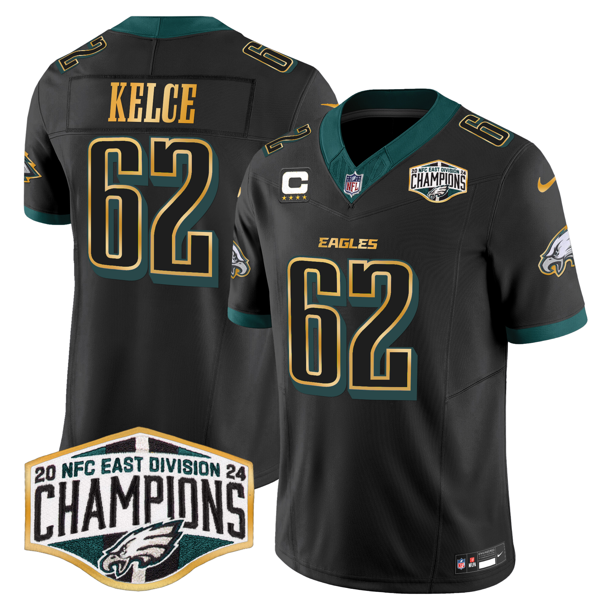 Jason Kelce Men's Philadelphia Eagles 2024 NFC East Division Champions Gold Trim Vapor Limited Black Jersey - All Stitched