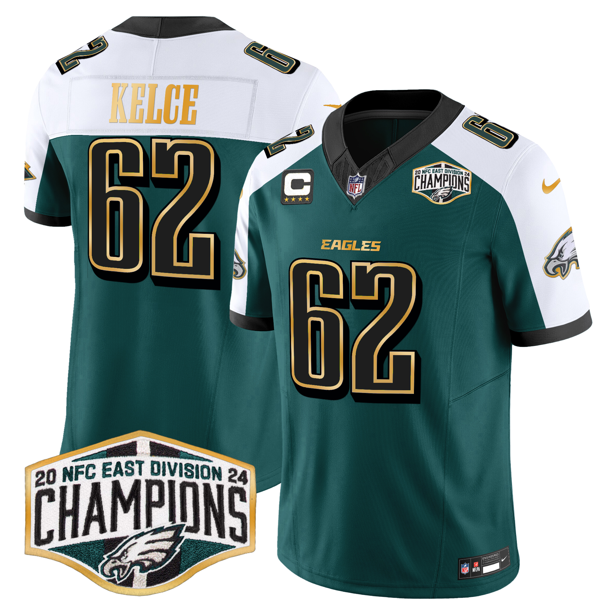 Jason Kelce Men's Philadelphia Eagles 2024 NFC East Division Champions Gold Trim Vapor Limited Green Alternate Jersey - All Stitched