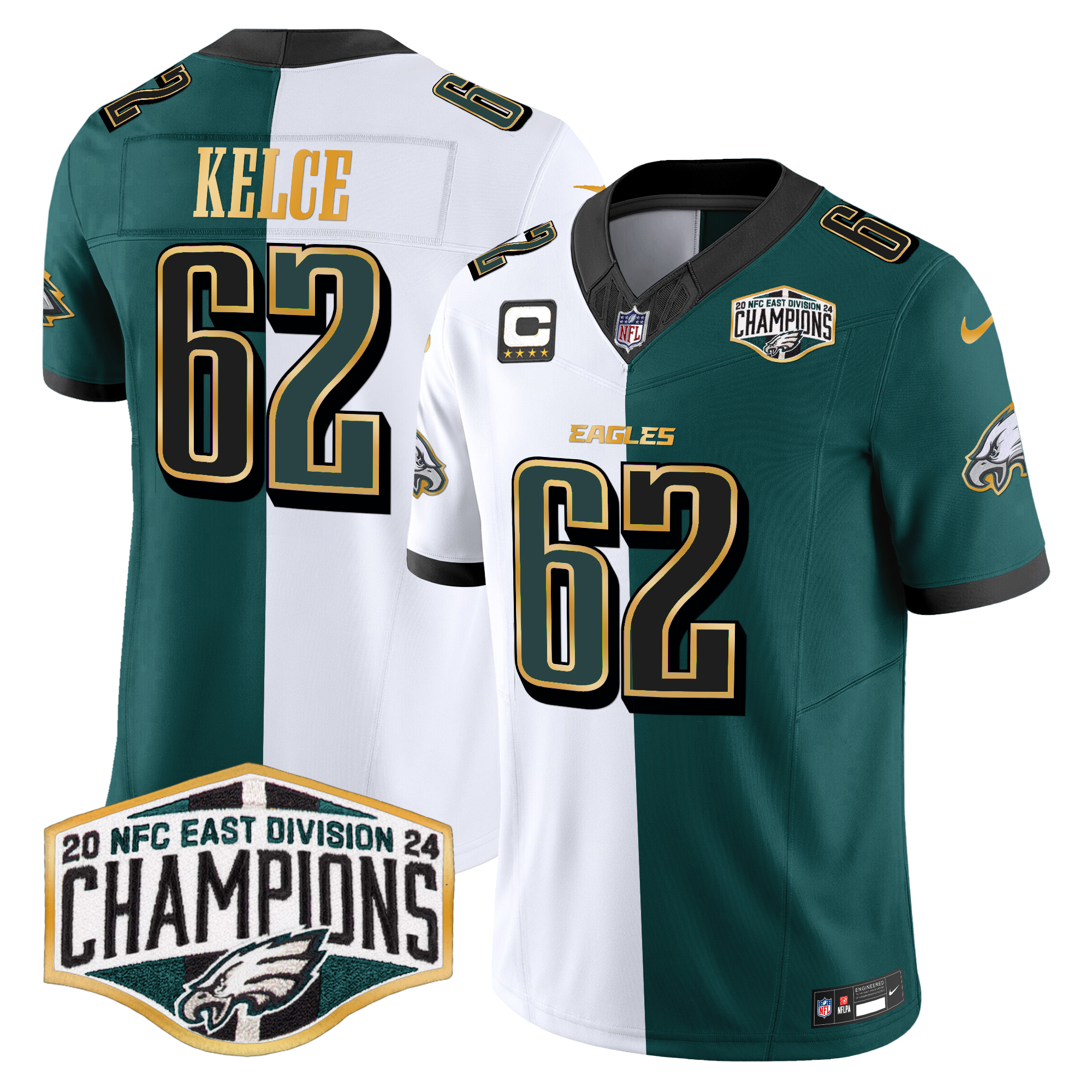 Jason Kelce Men's Philadelphia Eagles 2024 NFC East Division Champions Gold Trim Vapor Limited Split Jersey - All Stitched