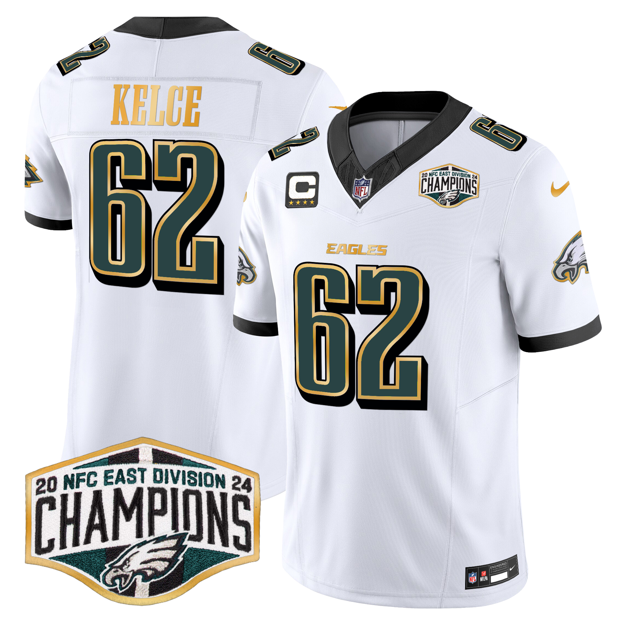 Jason Kelce Men's Philadelphia Eagles 2024 NFC East Division Champions Gold Trim Vapor Limited White Jersey - All Stitched