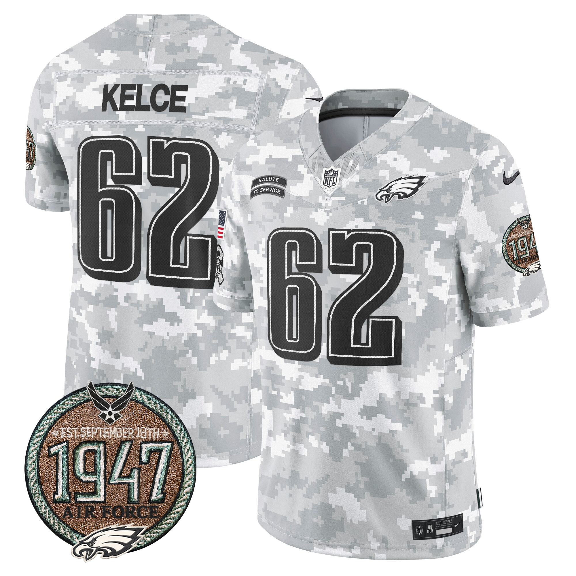Jason Kelce Men's Philadelphia Eagles 2024 Salute to Service Establishment Year Patch Vapor Limited Air Force Jersey - All Stitched