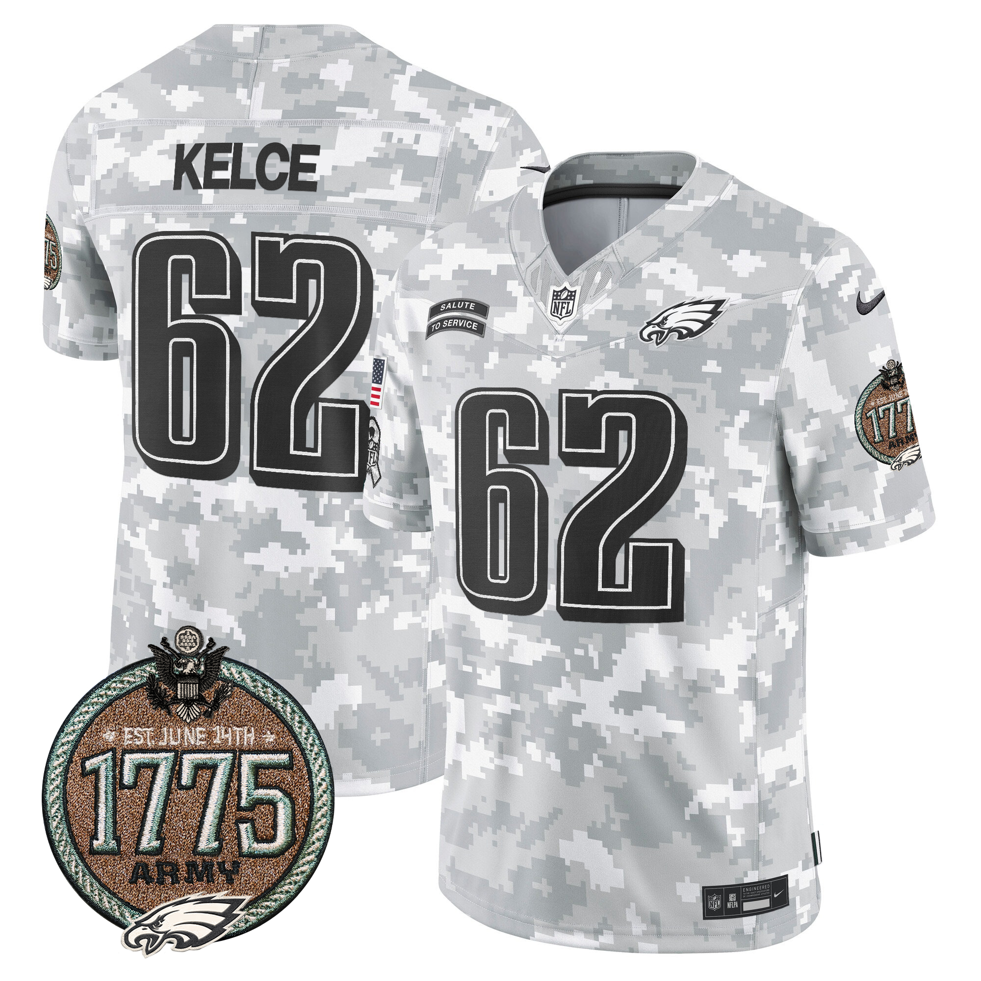 Jason Kelce Men's Philadelphia Eagles 2024 Salute to Service Establishment Year Patch Vapor Limited Army Jersey - All Stitched