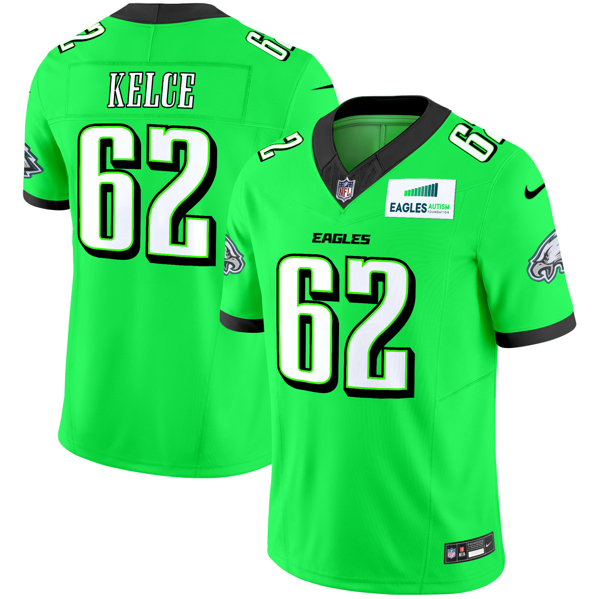 Jason Kelce Men's Philadelphia Eagles Autism Foundation Patch Vapor Limited Green Neon Jersey - All Stitched