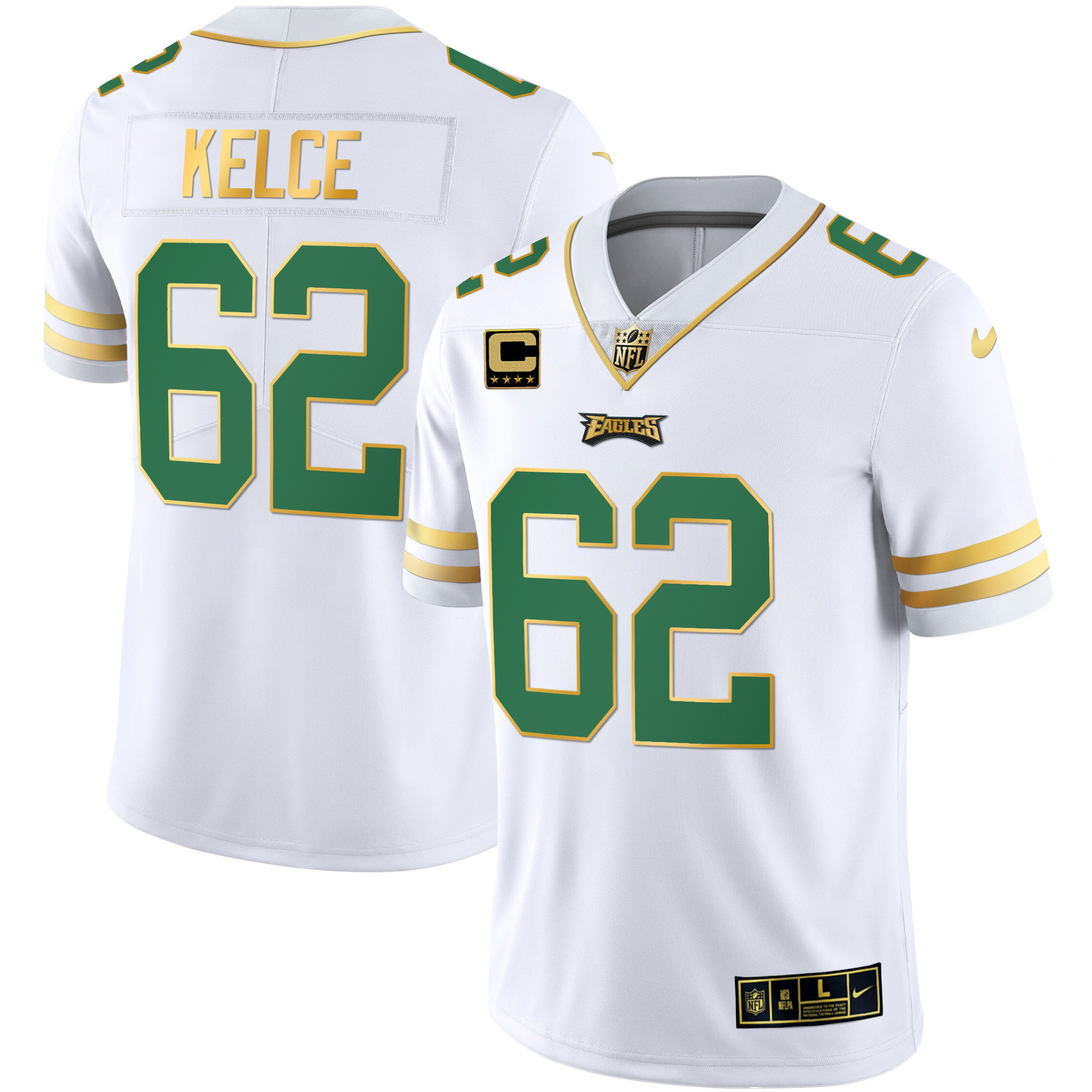 Jason Kelce Men's Philadelphia Eagles Gold & Kelly Vapor Kelly White Jersey - All Stitched