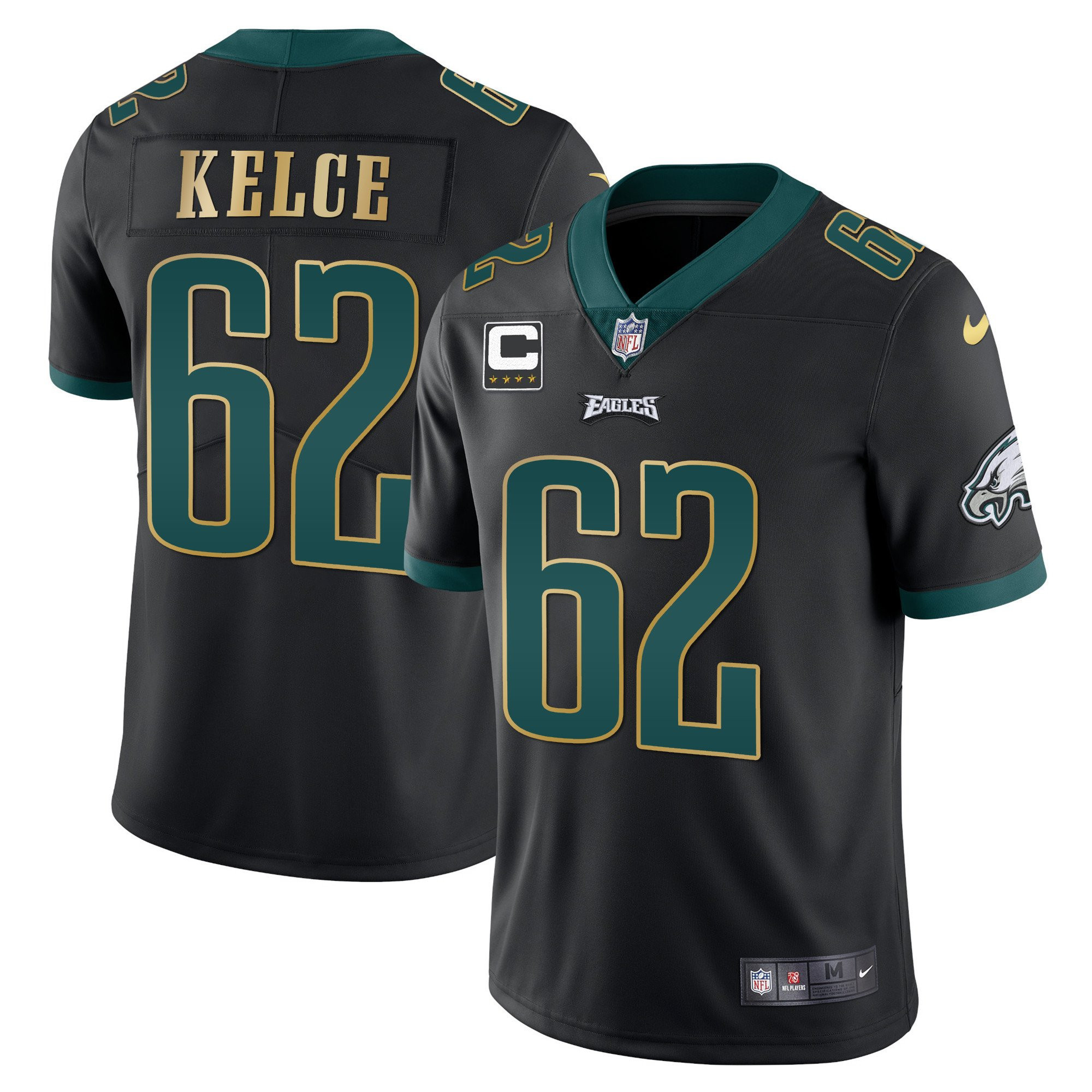 Jason Kelce Men's Philadelphia Eagles Gold Trim Vapor Player Black Gold Trim Jersey - All Stitched