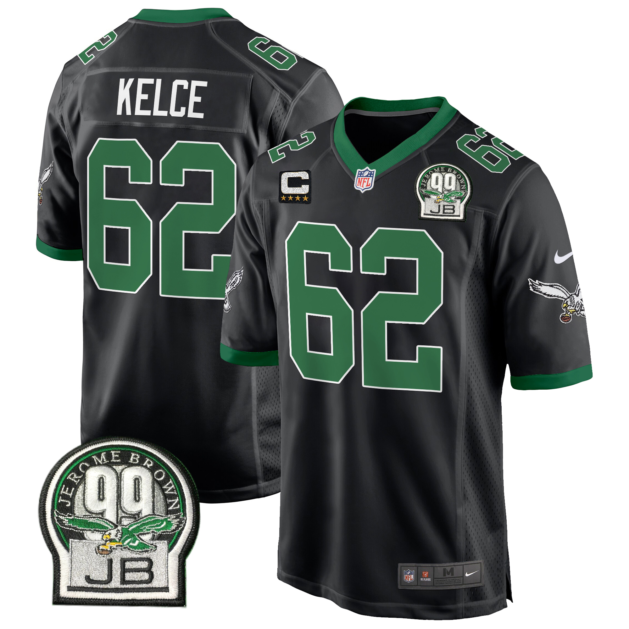 Jason Kelce Men's Philadelphia Eagles Jerome Brown Patch Kelly Green Game Black Jersey - All Stitched