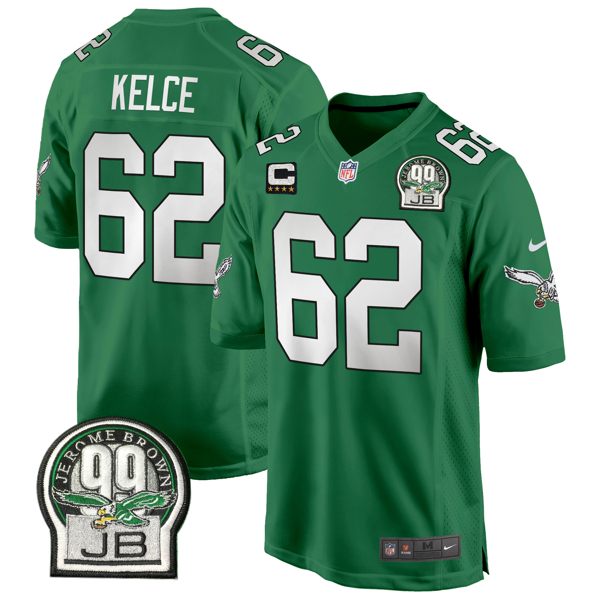Jason Kelce Men's Philadelphia Eagles Jerome Brown Patch Kelly Green Game Kelly Green Jersey - All Stitched
