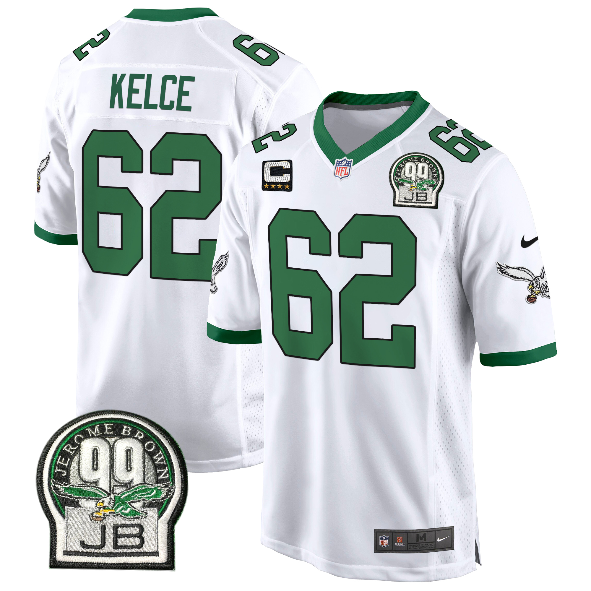 Jason Kelce Men's Philadelphia Eagles Jerome Brown Patch Kelly Green Game Kelly White Jersey - All Stitched