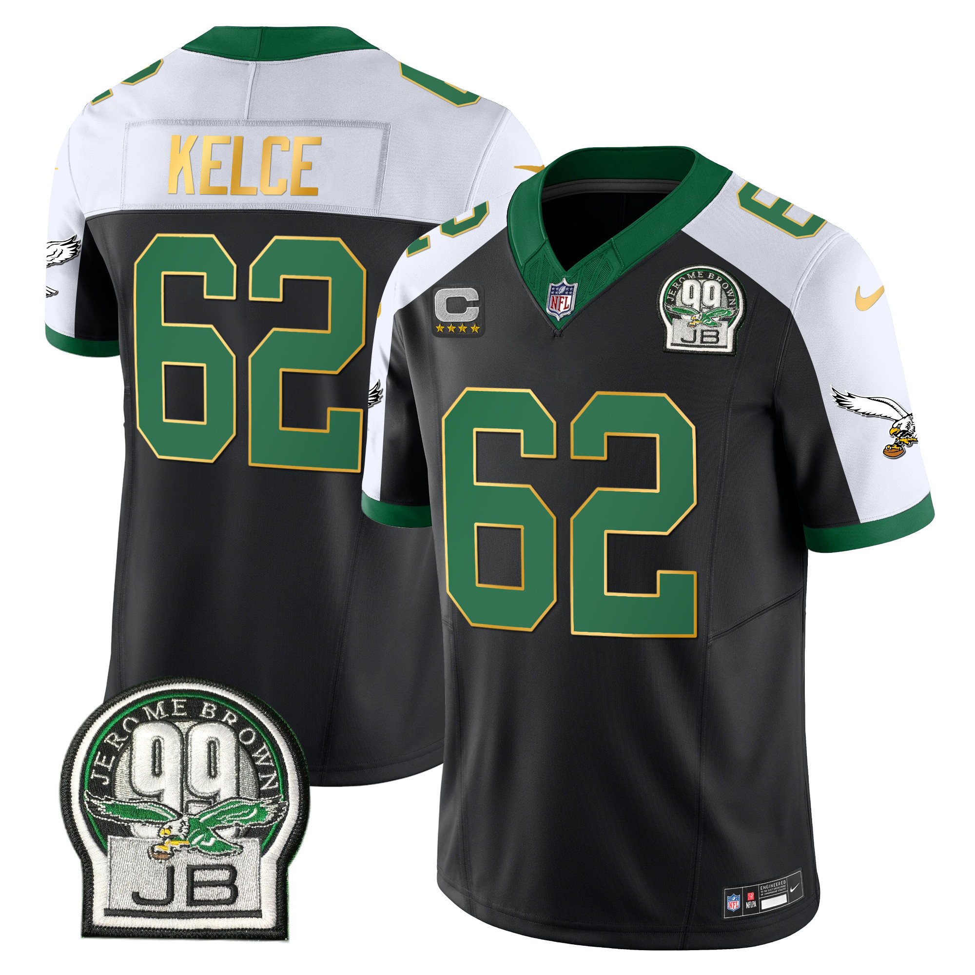 Jason Kelce Men's Philadelphia Eagles Jerome Brown Patch Kelly Green Gold Trim Black Alternate Jersey - All Stitched