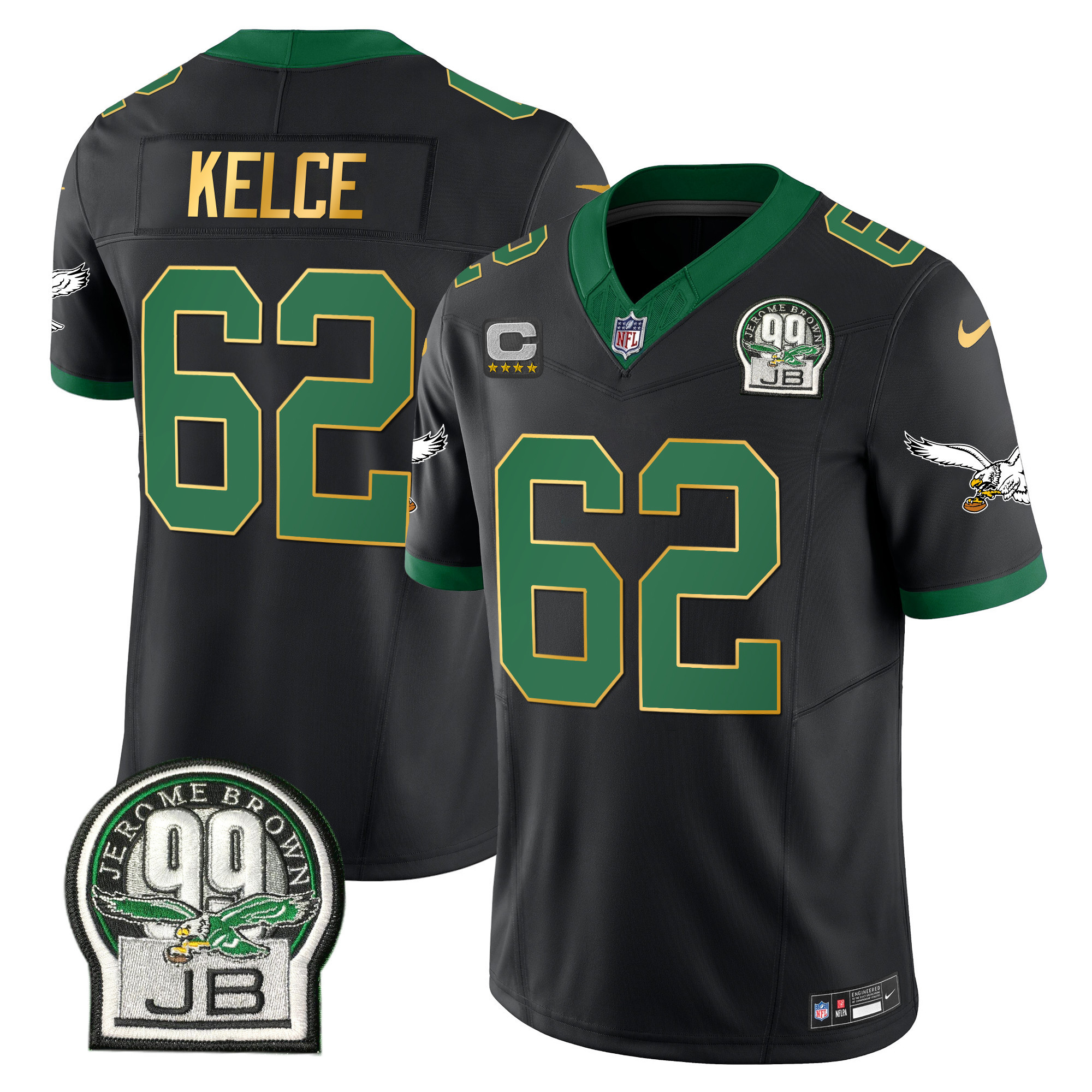 Jason Kelce Men's Philadelphia Eagles Jerome Brown Patch Kelly Green Gold Trim Black Jersey - All Stitched