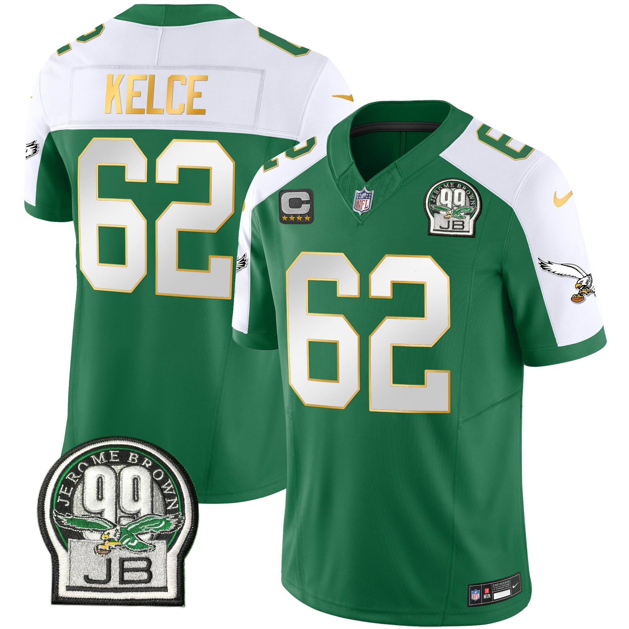 Jason Kelce Men's Philadelphia Eagles Jerome Brown Patch Kelly Green Gold Trim Kelly Alternate Jersey - All Stitched