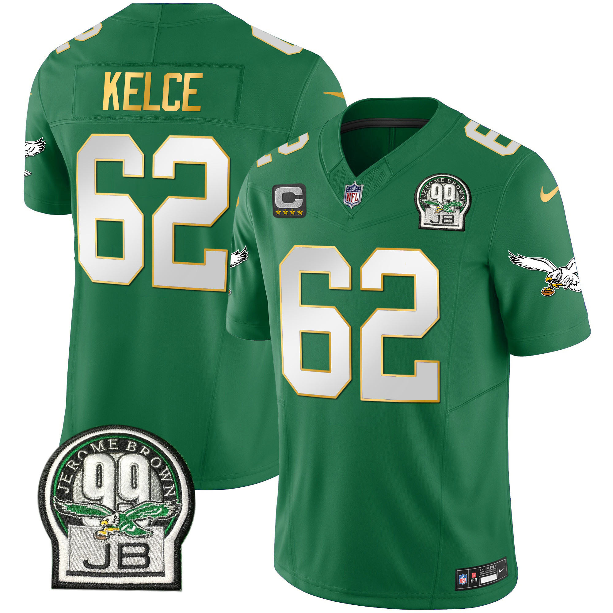 Jason Kelce Men's Philadelphia Eagles Jerome Brown Patch Kelly Green Gold Trim Kelly Green Jersey - All Stitched