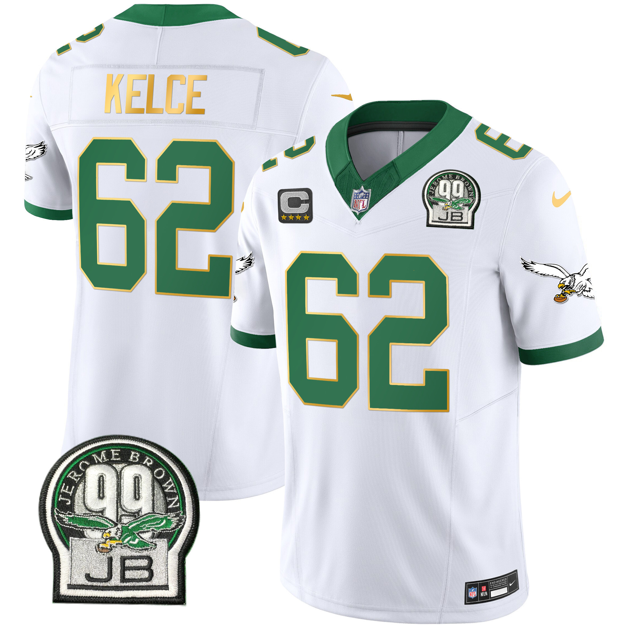 Jason Kelce Men's Philadelphia Eagles Jerome Brown Patch Kelly Green Gold Trim Kelly White Jersey - All Stitched