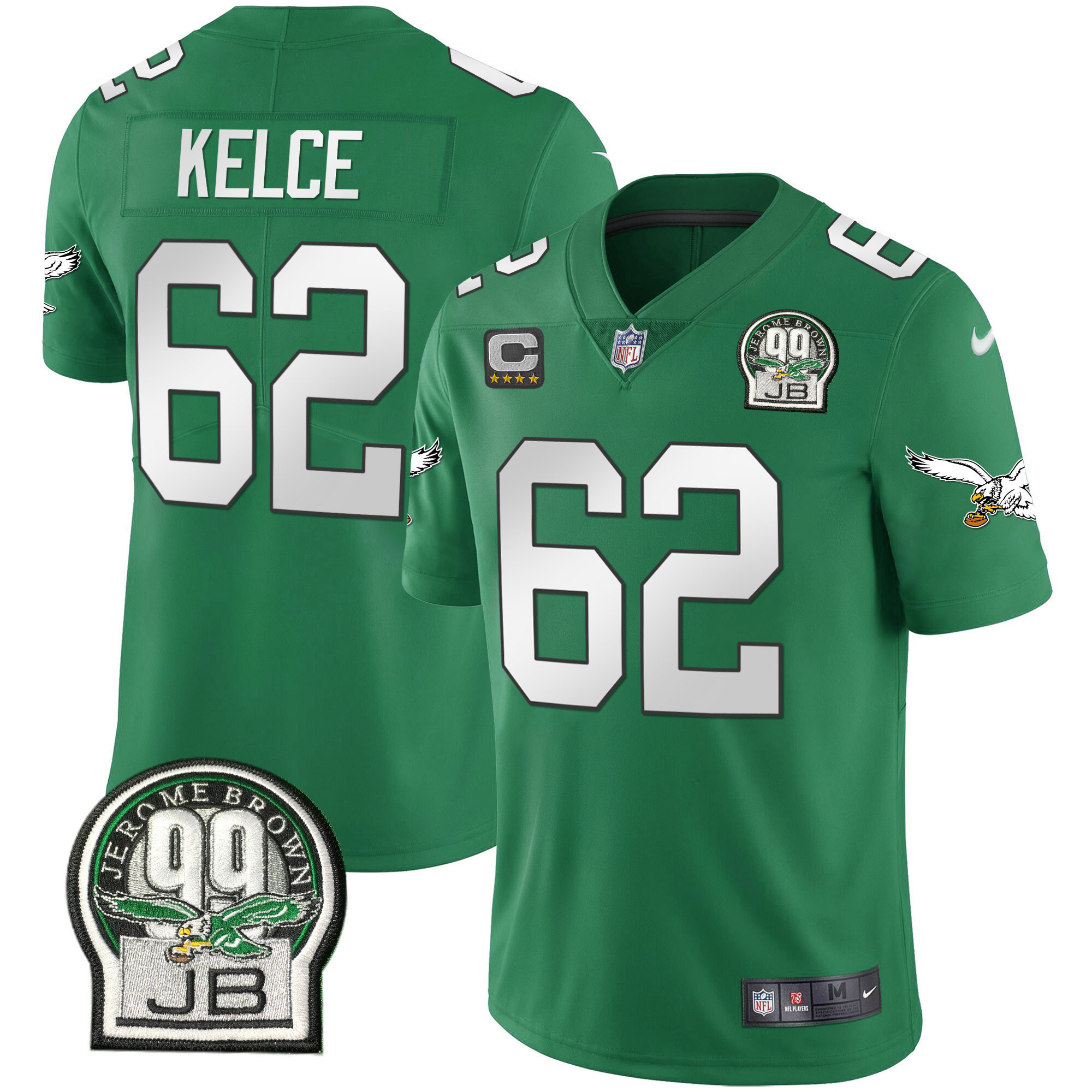 Jason Kelce Men's Philadelphia Eagles Jerome Brown Retired Patch Gold & Kelly Kelly Green Jersey - All Stitched