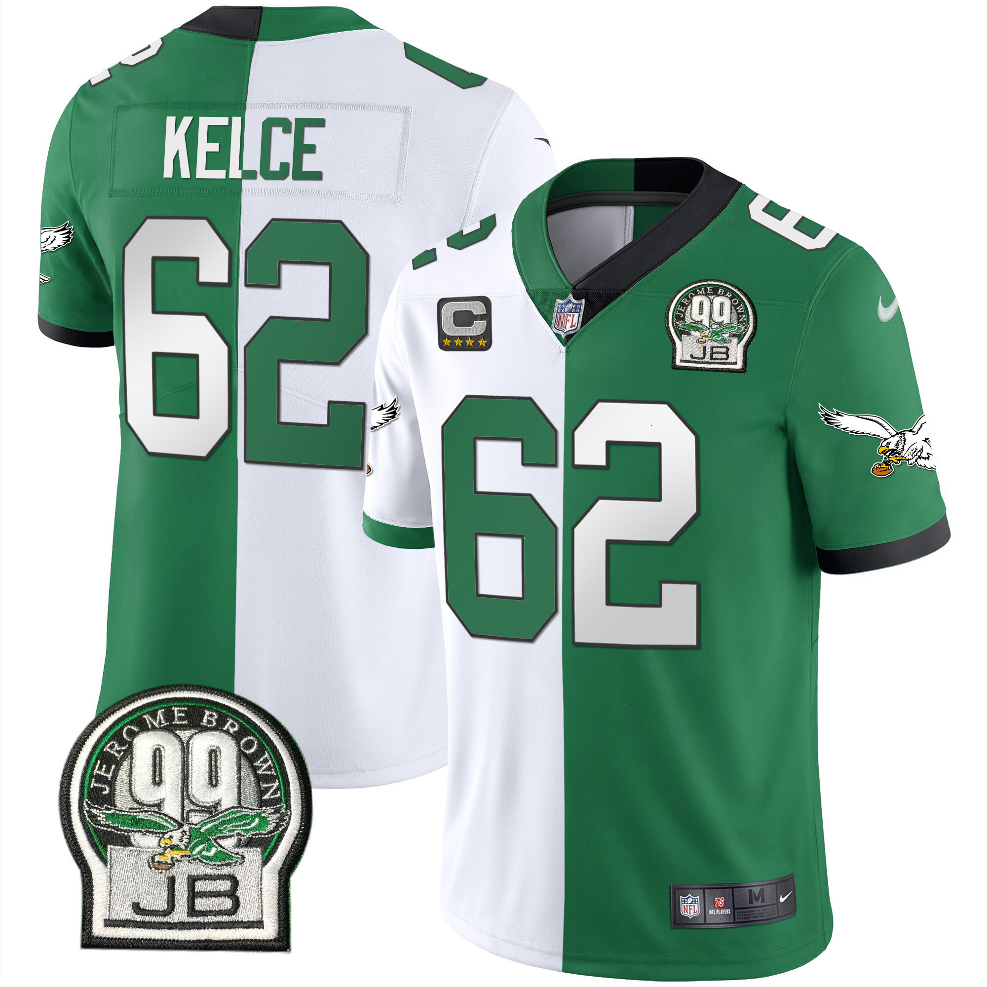 Jason Kelce Men's Philadelphia Eagles Jerome Brown Retired Patch Gold & Kelly Split Jersey - All Stitched