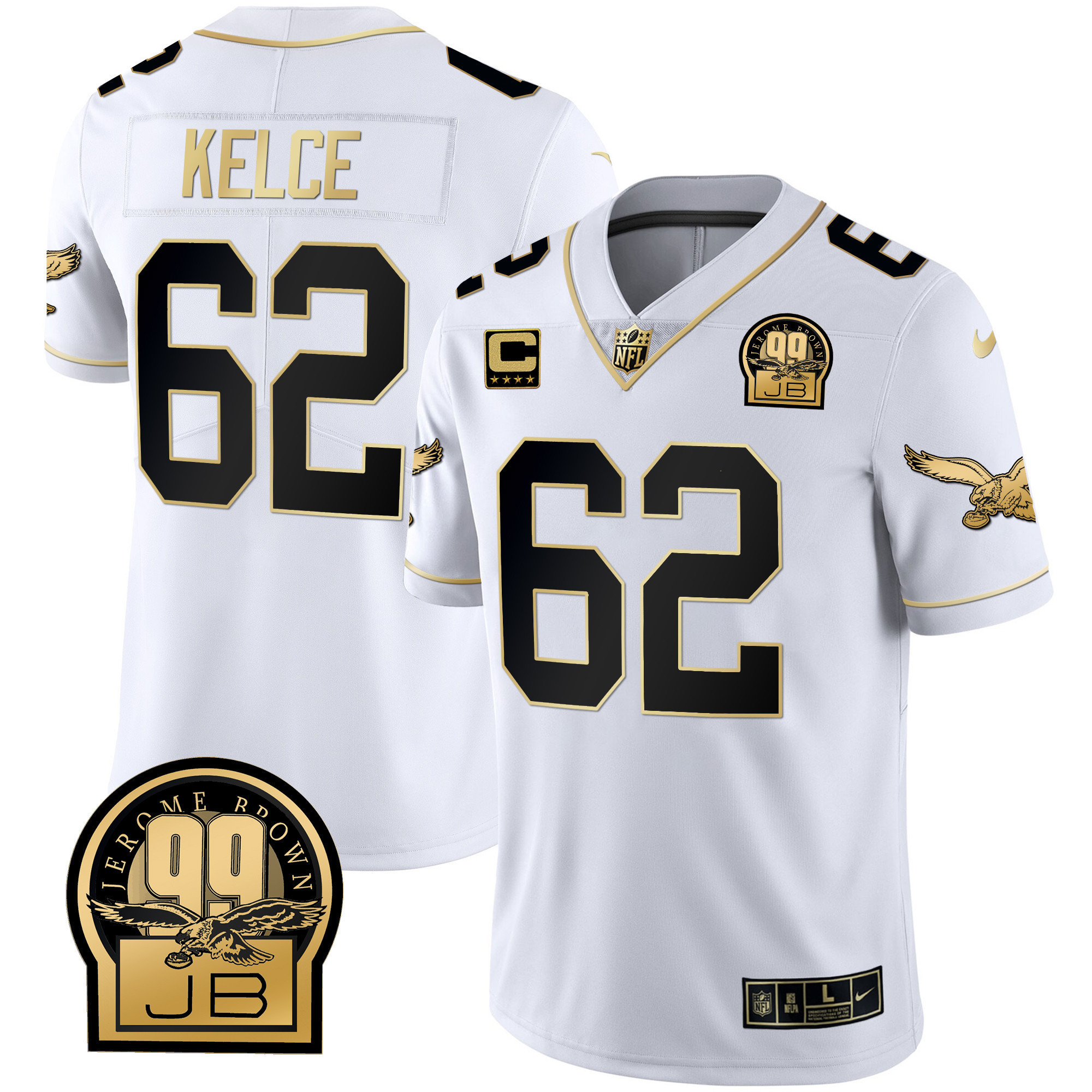 Jason Kelce Men's Philadelphia Eagles Jerome Brown Retired Patch Gold & Kelly White Gold Jersey - All Stitched