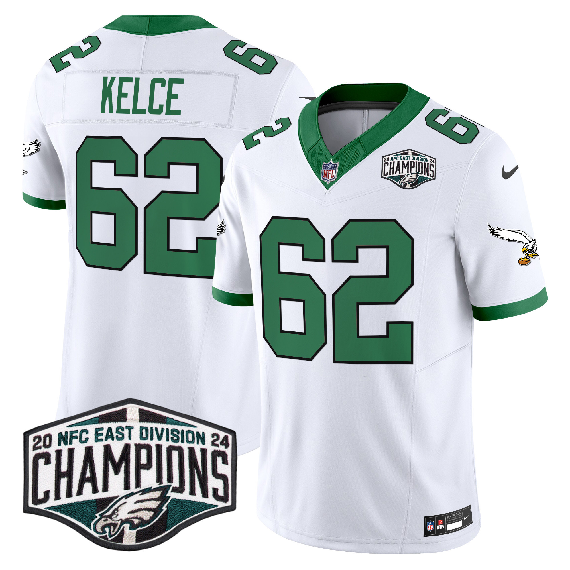 Jason Kelce Men's Philadelphia Eagles Kelly Green 2024 NFC East Division Champions Vapor Limited Kelly White Jersey - All Stitched