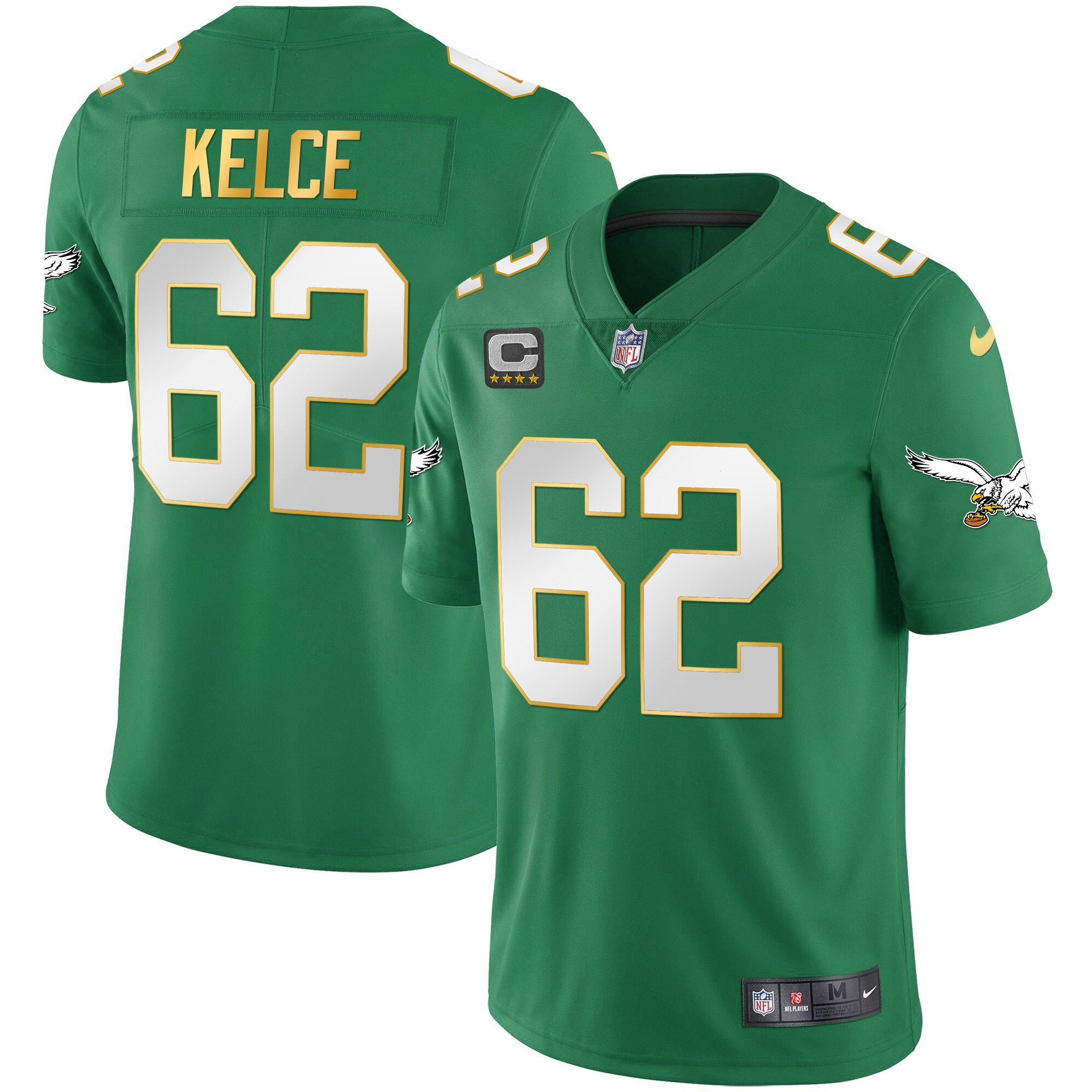Jason Kelce Men's Philadelphia Eagles Kelly Green Gold Gold Trim Jersey - All Stitched