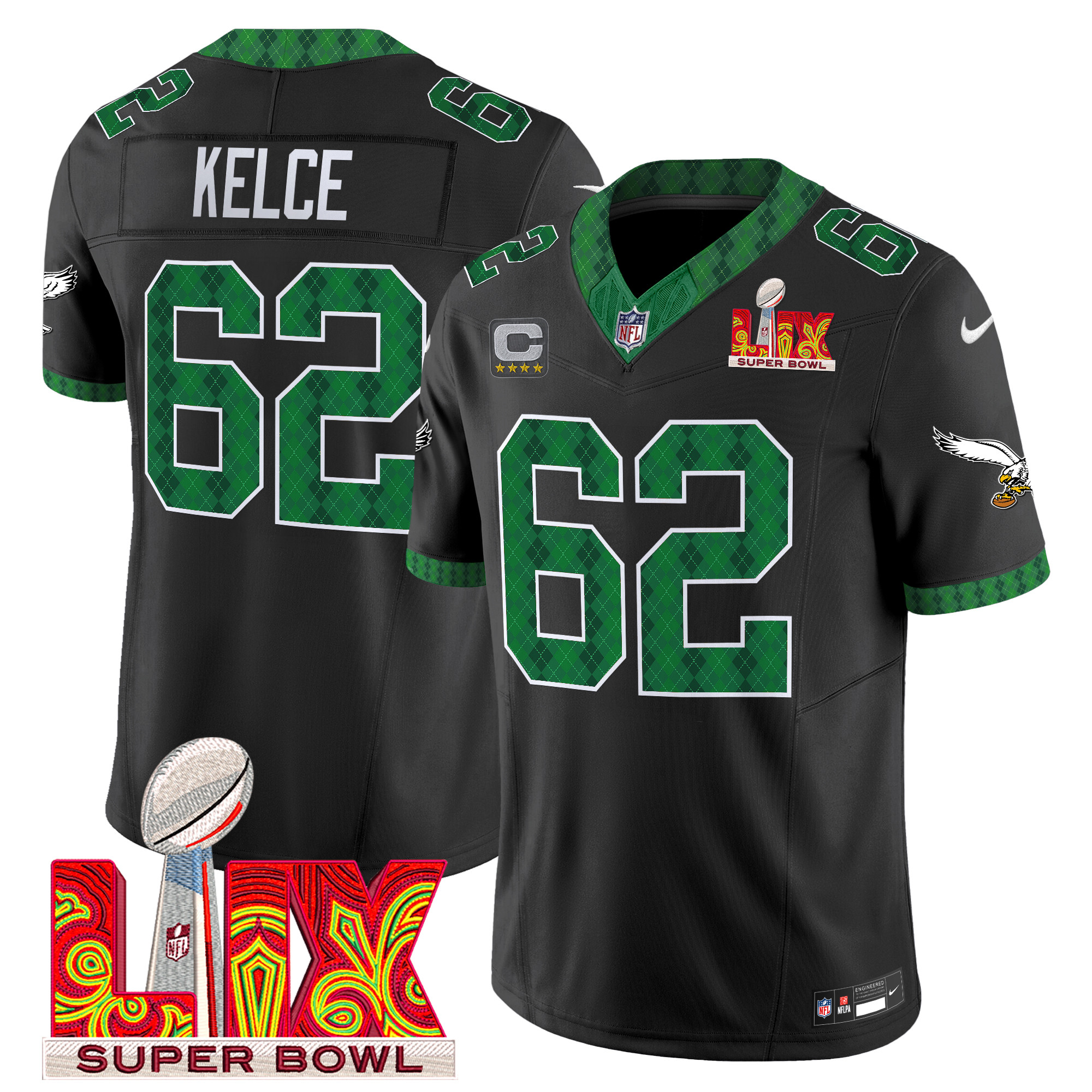 Jason Kelce Men's Philadelphia Eagles Kelly Green St. Patrick's Day Super Bowl LIX Patch Vapor Limited Black Jersey - All Stitched