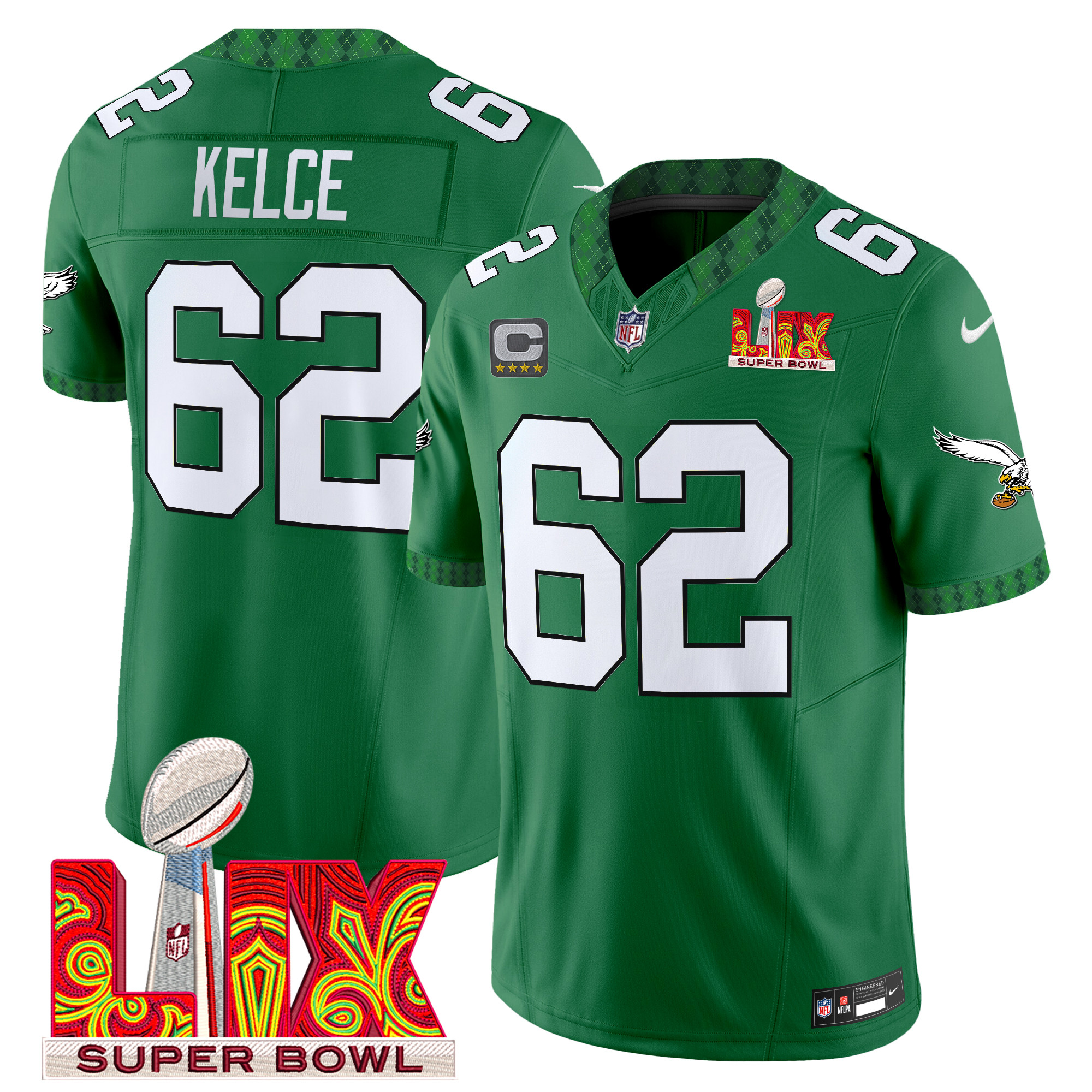 Jason Kelce Men's Philadelphia Eagles Kelly Green St. Patrick's Day Super Bowl LIX Patch Vapor Limited Kelly Green Jersey - All Stitched