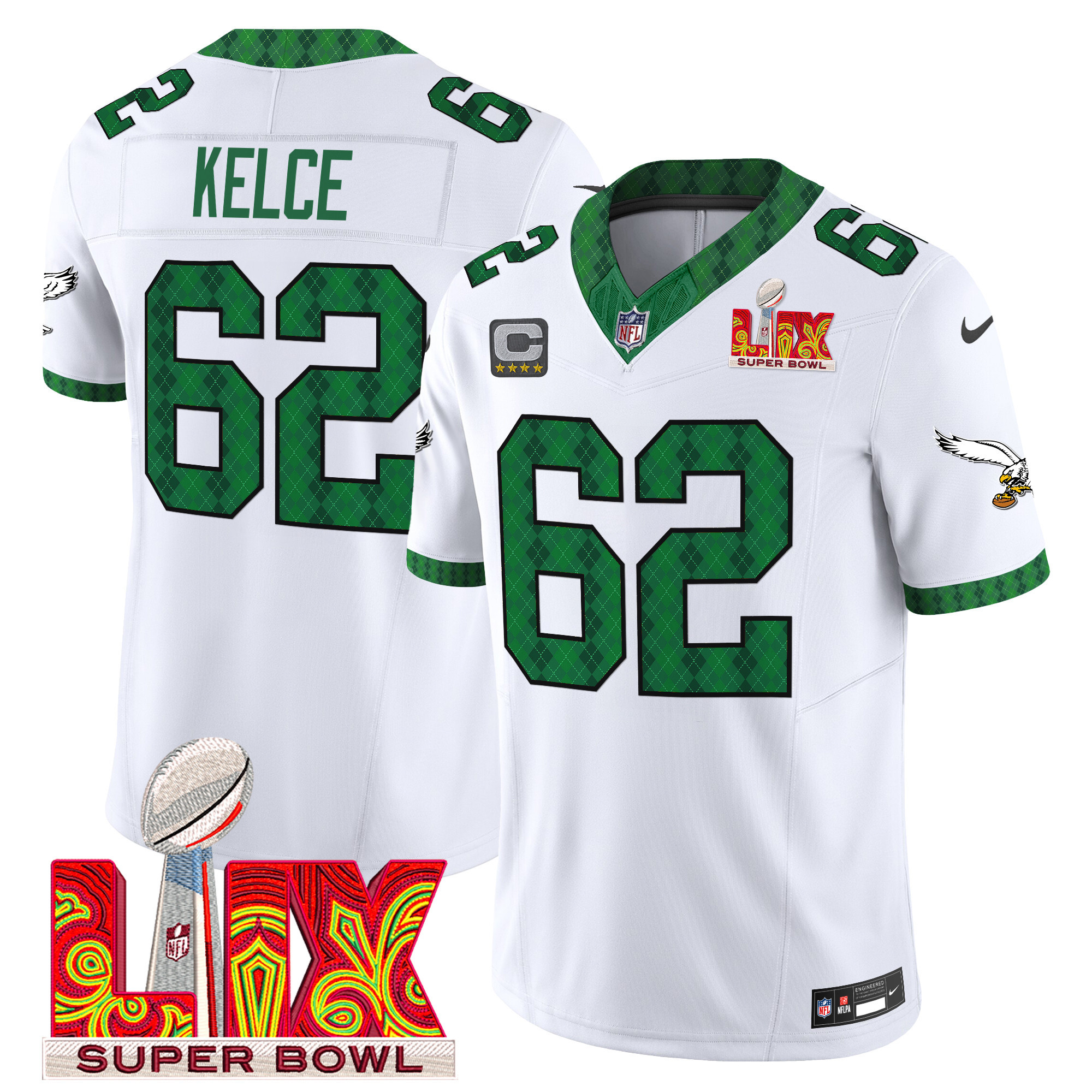Jason Kelce Men's Philadelphia Eagles Kelly Green St. Patrick's Day Super Bowl LIX Patch Vapor Limited Kelly White Jersey - All Stitched