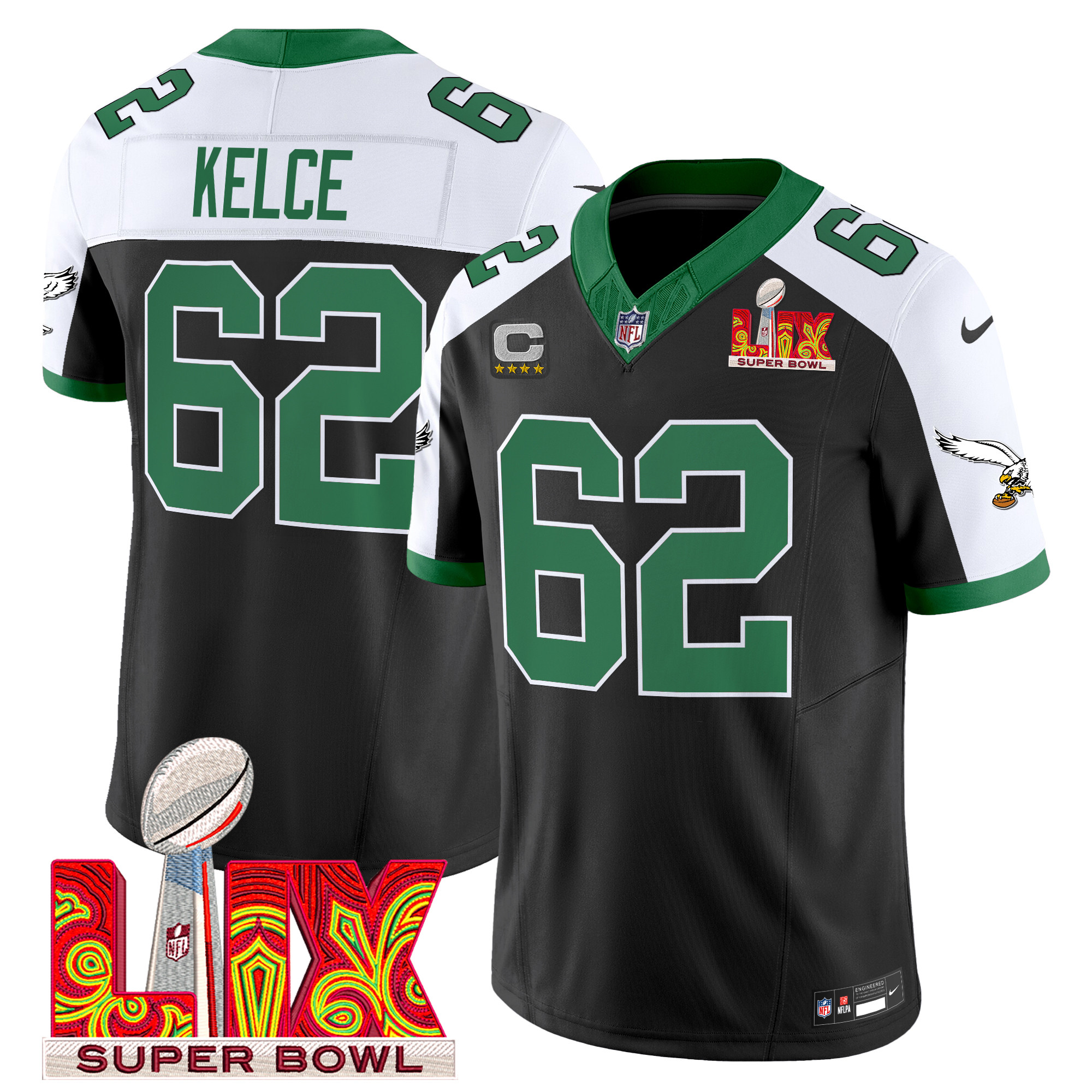 Jason Kelce Men's Philadelphia Eagles Kelly Green Super Bowl LIX Patch Vapor Limited Black Alternate Jersey - All Stitched