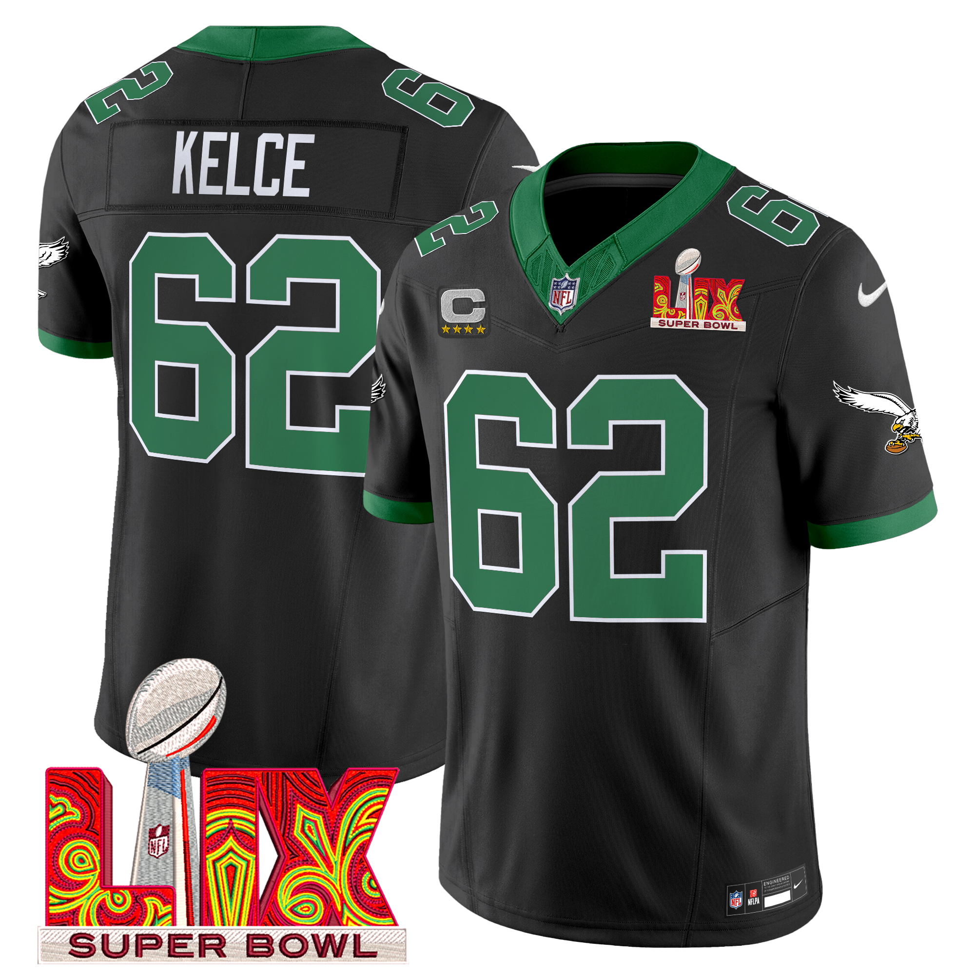 Jason Kelce Men's Philadelphia Eagles Kelly Green Super Bowl LIX Patch Vapor Limited Black Jersey - All Stitched