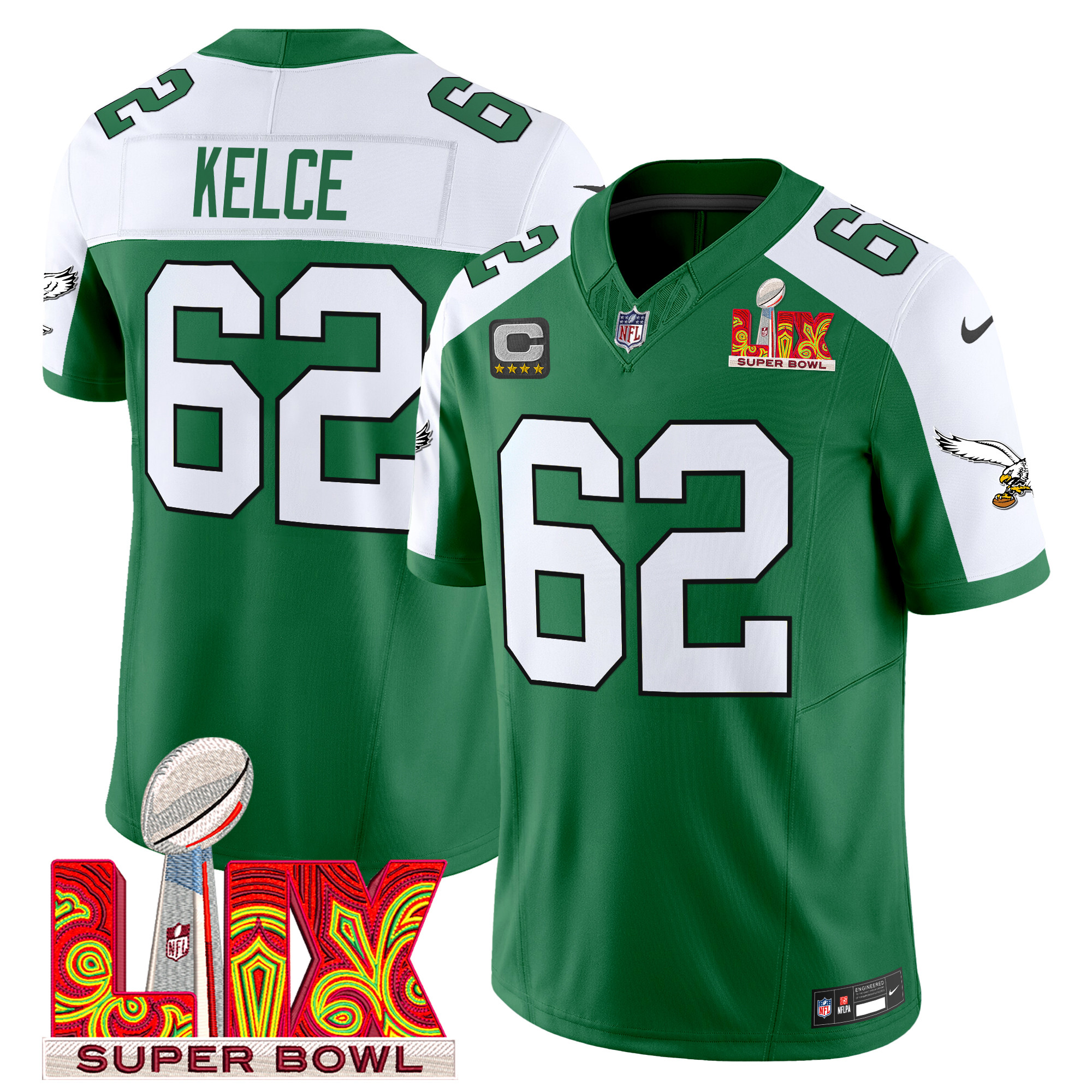 Jason Kelce Men's Philadelphia Eagles Kelly Green Super Bowl LIX Patch Vapor Limited Kelly Alternate Jersey - All Stitched