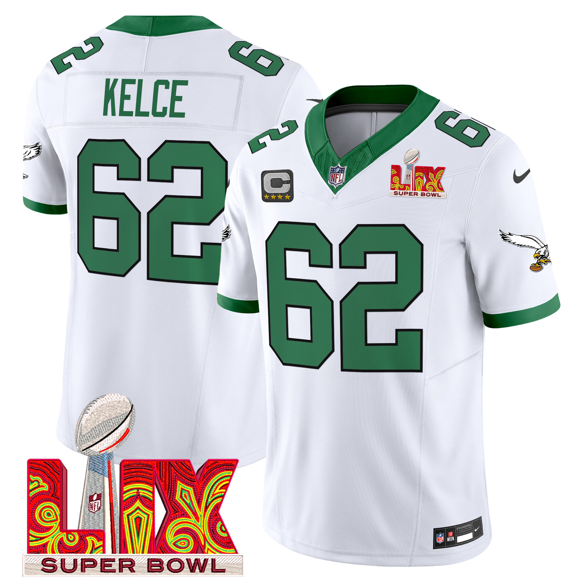 Jason Kelce Men's Philadelphia Eagles Kelly Green Super Bowl LIX Patch Vapor Limited Kelly White Jersey - All Stitched
