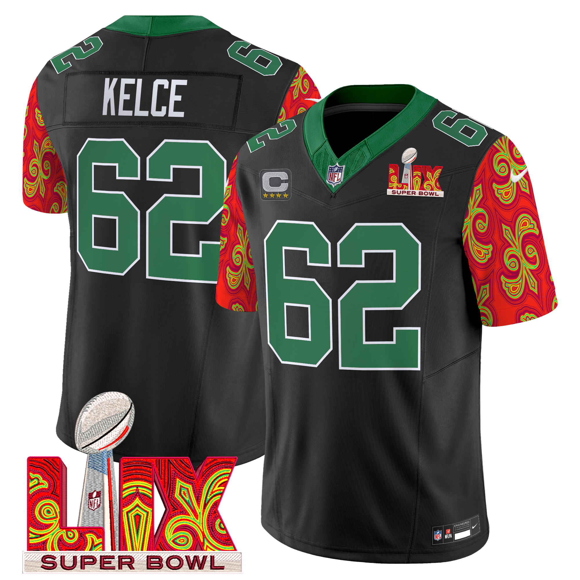 Jason Kelce Men's Philadelphia Eagles Kelly Green Super Bowl LIX Style Vapor Limited Black Jersey - All Stitched