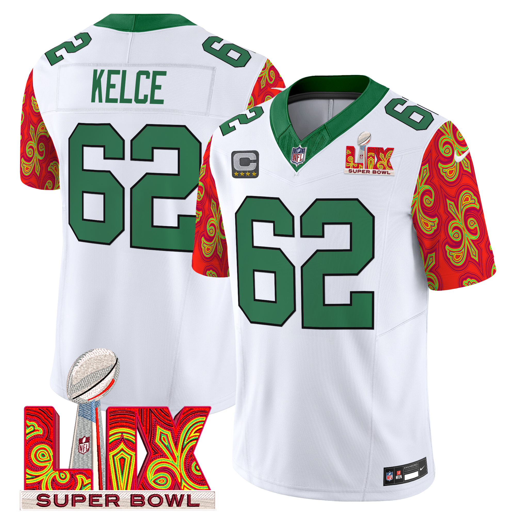 Jason Kelce Men's Philadelphia Eagles Kelly Green Super Bowl LIX Style Vapor Limited Kelly White Jersey - All Stitched