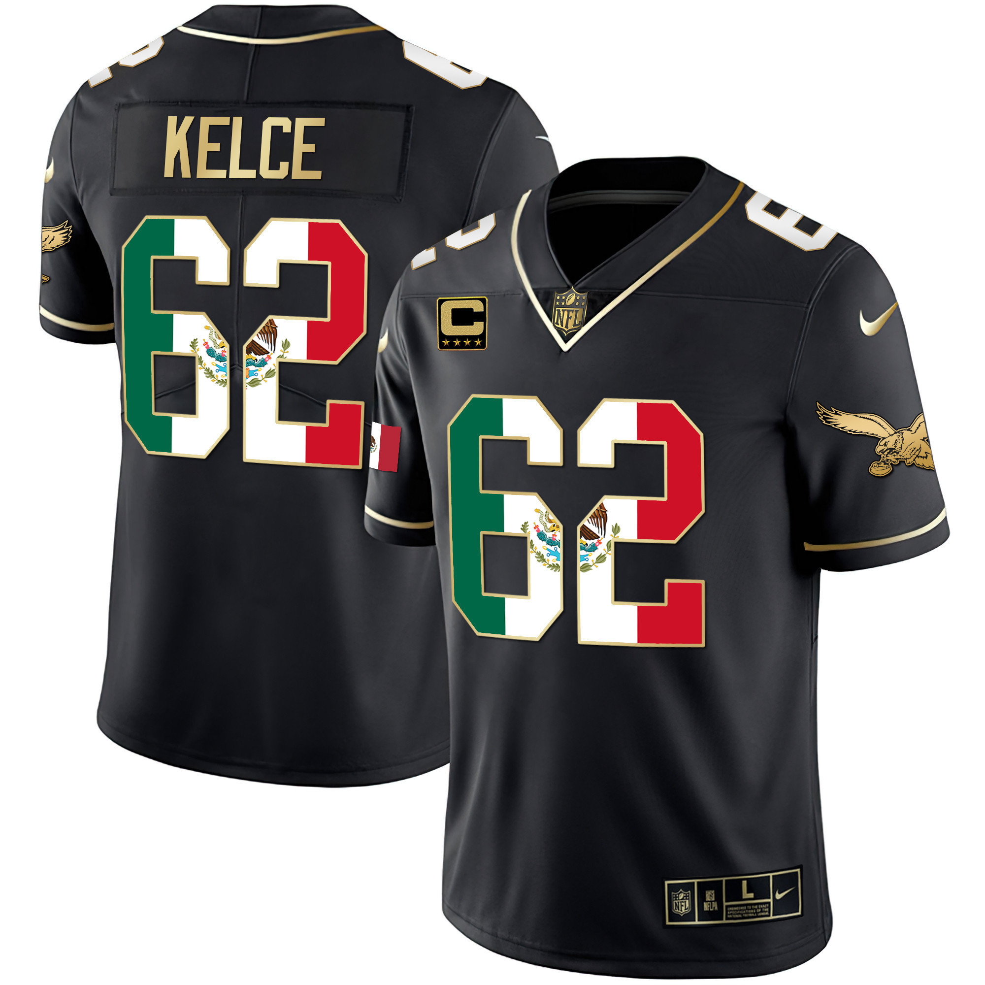 Jason Kelce Men's Philadelphia Eagles Mexico Gold & Kelly Vapor Black Gold Jersey - All Stitched