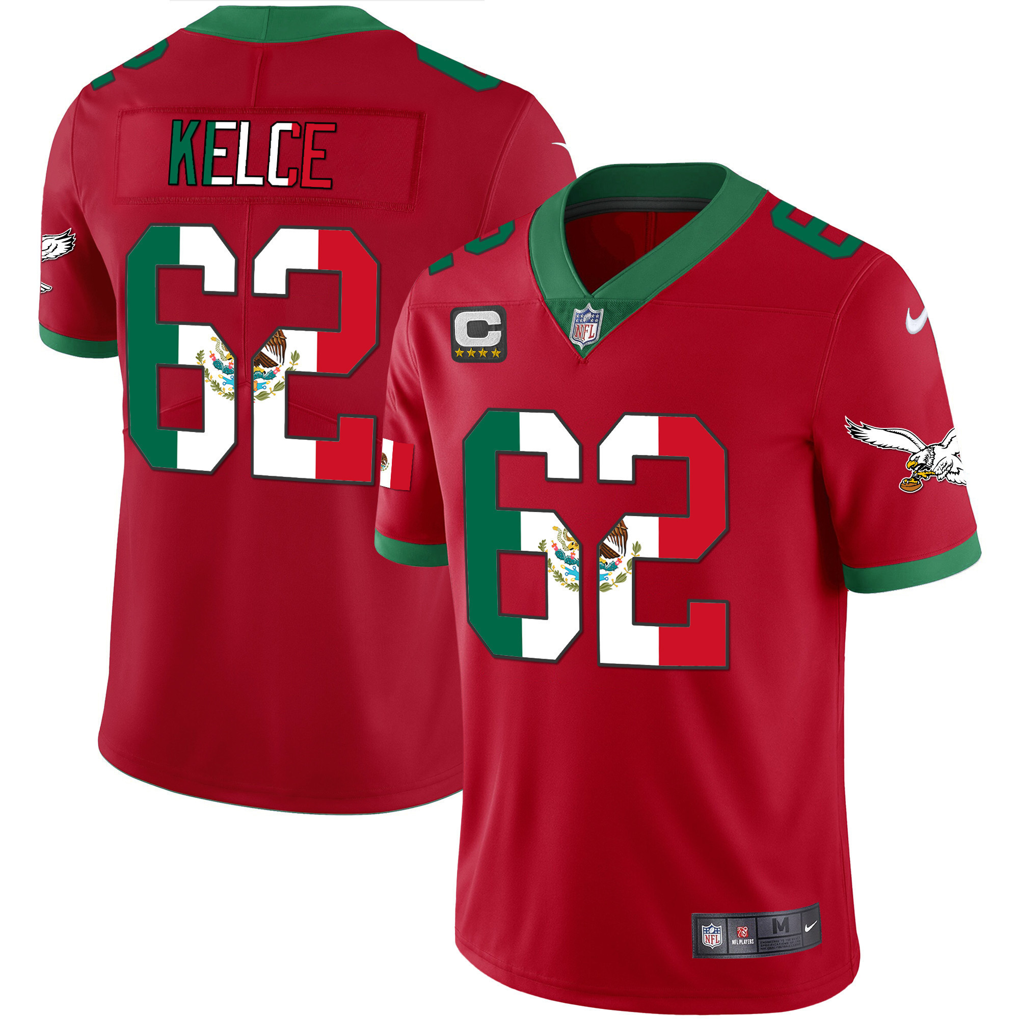 Jason Kelce Men's Philadelphia Eagles Mexico Gold & Kelly Vapor Red Jersey - All Stitched