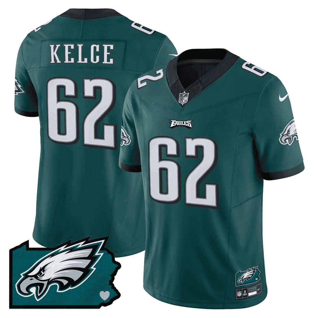 Jason Kelce Men's Philadelphia Eagles Pennsylvania State Map Patch Green Jersey - All Stitched